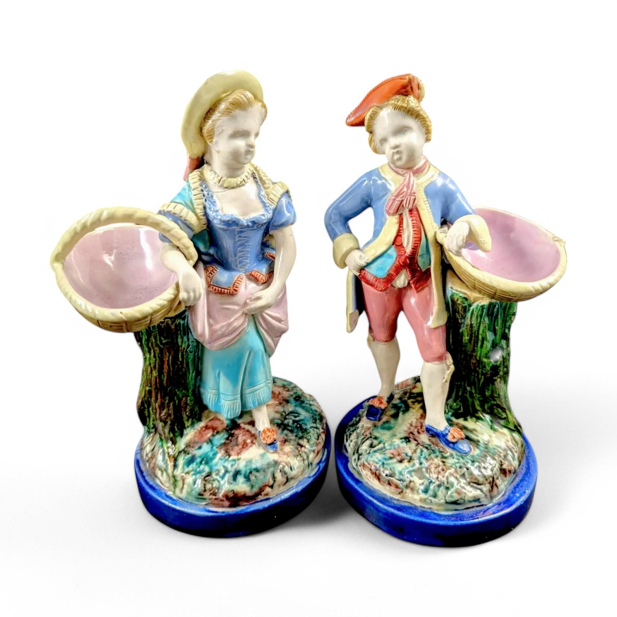 Antique Royal Worcester Majolica Figurines: Boy and Girl with Baskets, 1870s