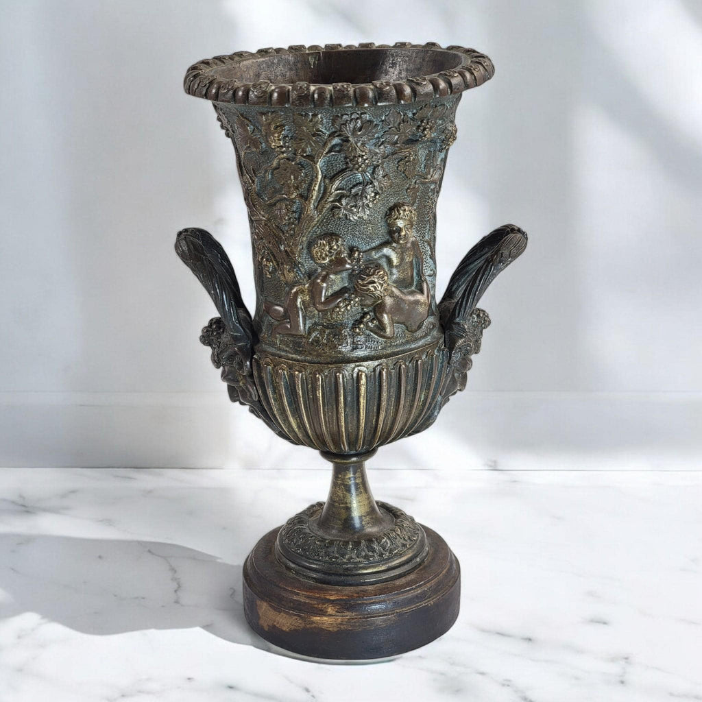 Art Nouveau Italian Bronze Amphora, Children & Grapevine Design, Hand-Cast Sculpture, Late 19th/Early 20th Century
