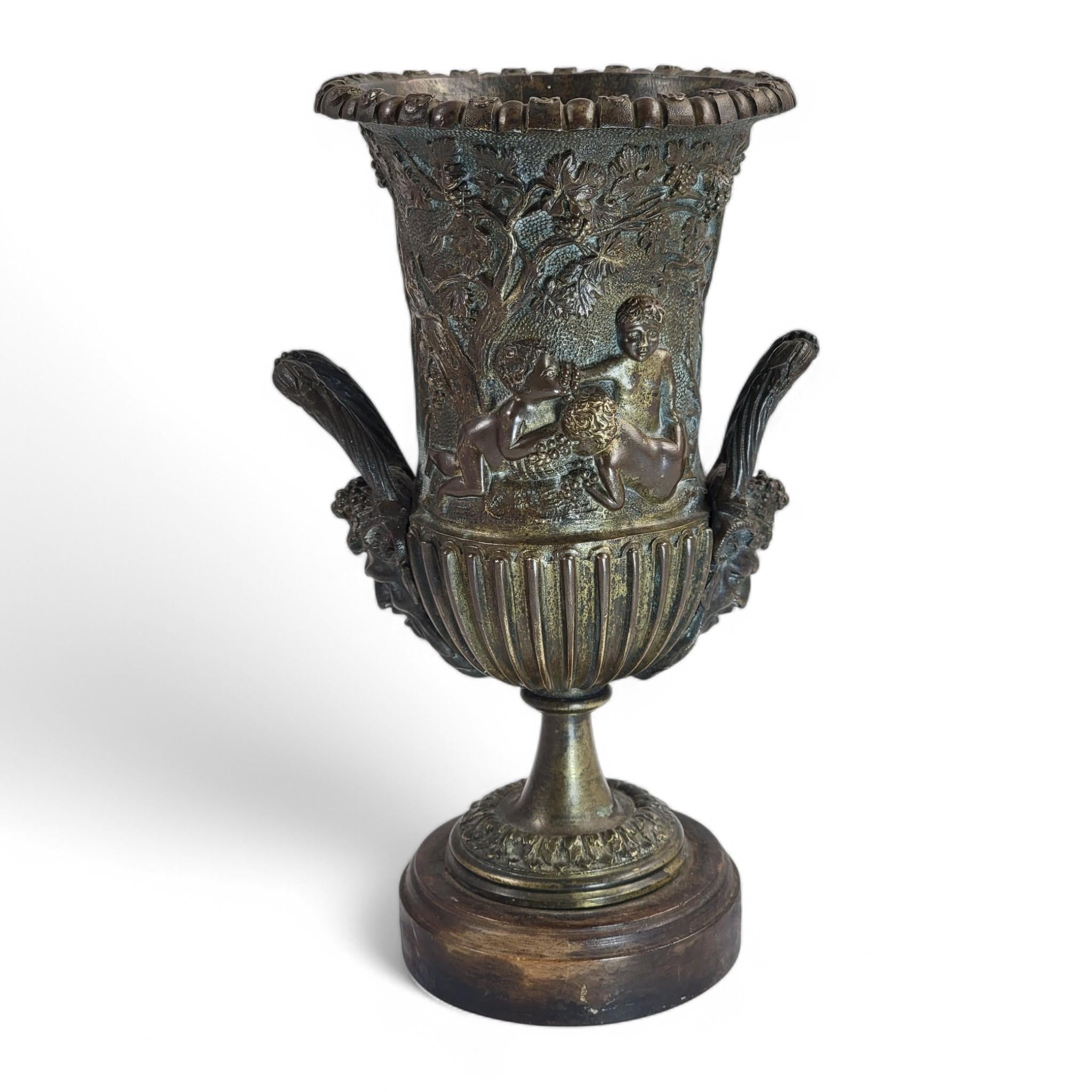 Art Nouveau Italian Bronze Amphora, Children & Grapevine Design, Hand-Cast Sculpture, Late 19th/Early 20th Century