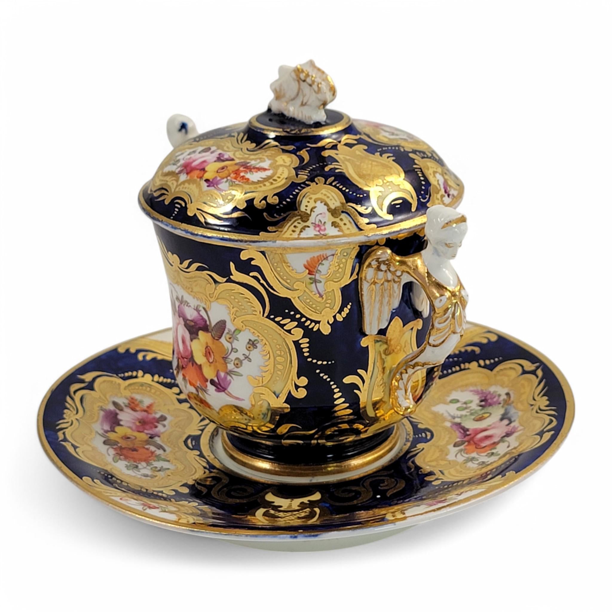 Regency Coalport Pembroke Chocolate Cup & Saucer, John Rose, 1810, Winged Harpy Handles, Hand-Painted