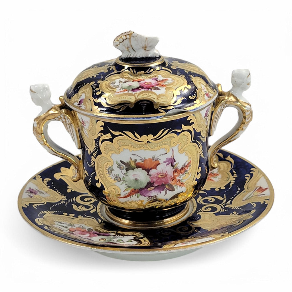 Regency Coalport Pembroke Chocolate Cup & Saucer, John Rose, 1810, Winged Harpy Handles, Hand-Painted