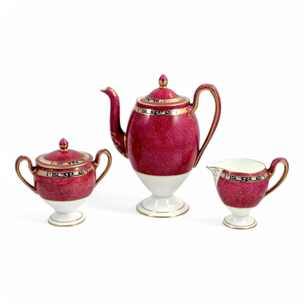 Rare Antique Wedgwood Claret & Gold Coffee Service: Edwardian Neoclassical Porcelain