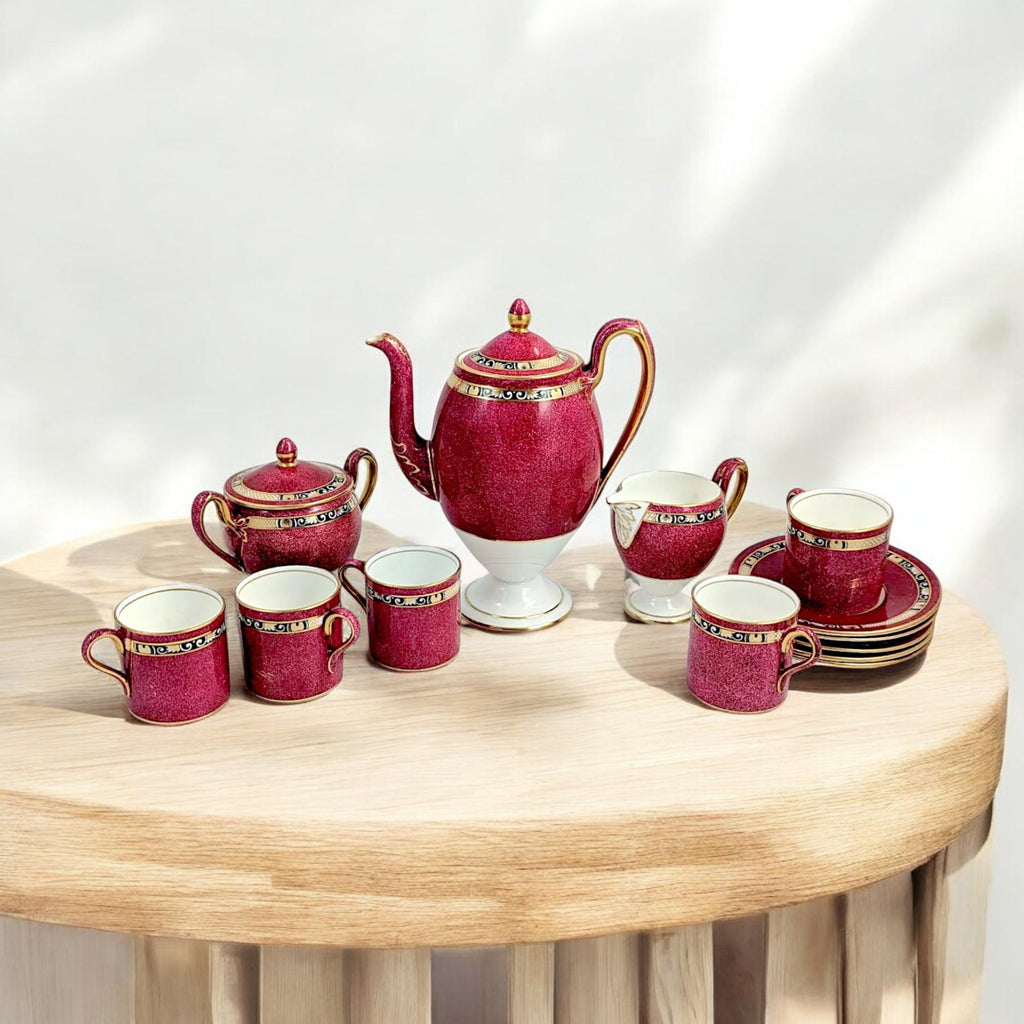Rare Antique Wedgwood Claret & Gold Coffee Service: Edwardian Neoclassical Porcelain