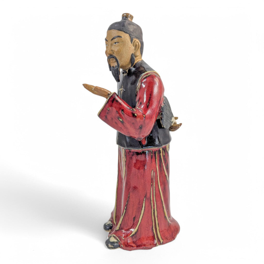 Shiwan Stoneware Scholar Statue: Mid-Century Oxblood Glaze Chinese Pottery