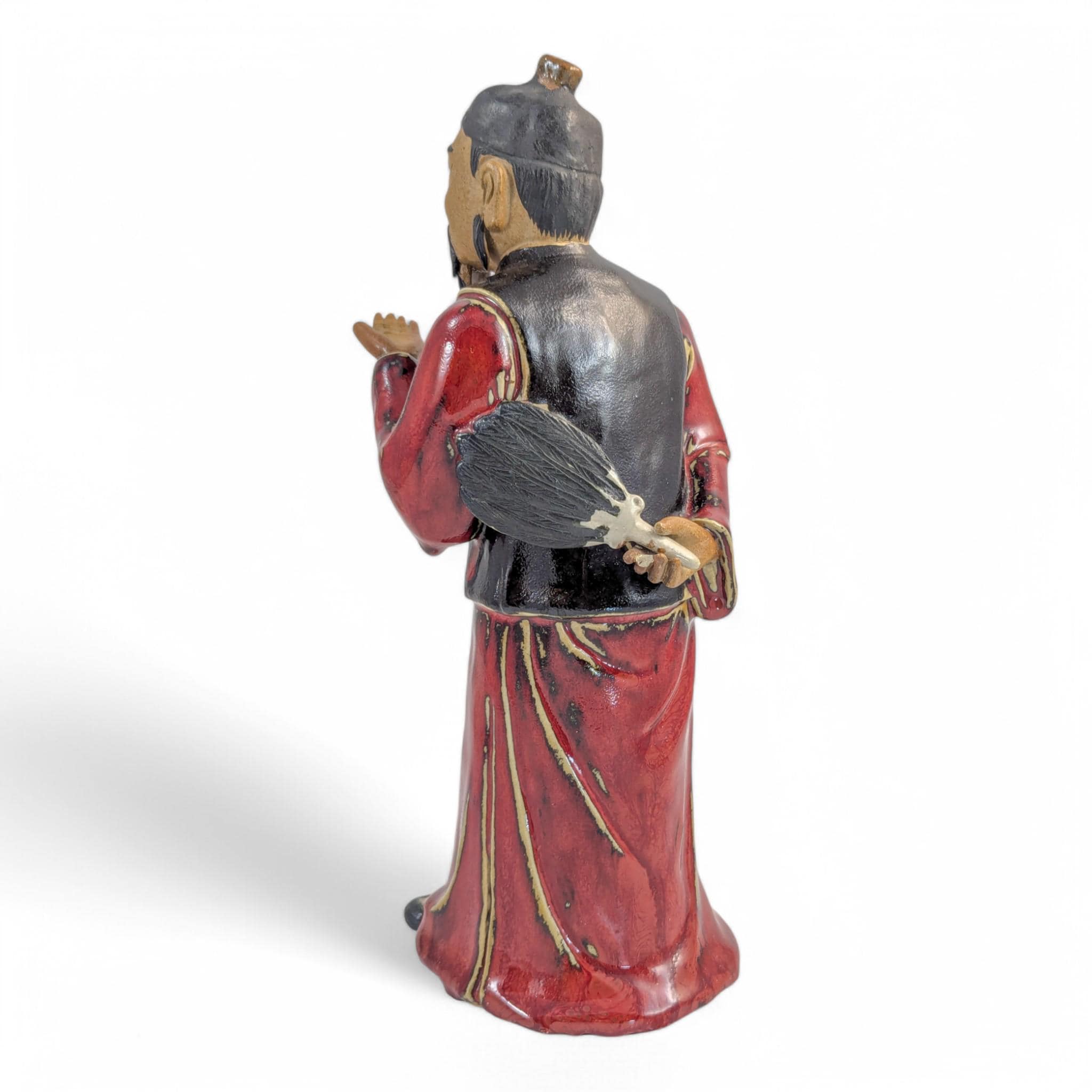 Shiwan Stoneware Scholar Statue: Mid-Century Oxblood Glaze Chinese Pottery