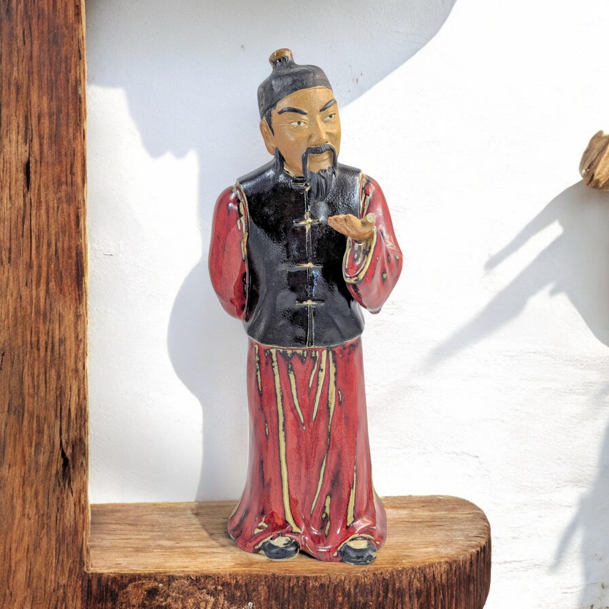 Shiwan Stoneware Scholar Statue: Mid-Century Oxblood Glaze Chinese Pottery