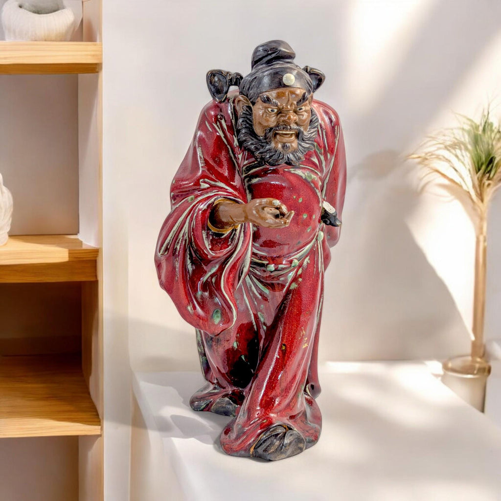 Shiwan Oxblood Glaze Warrior Statue: Mid-Century Chinese Pottery Sculpture