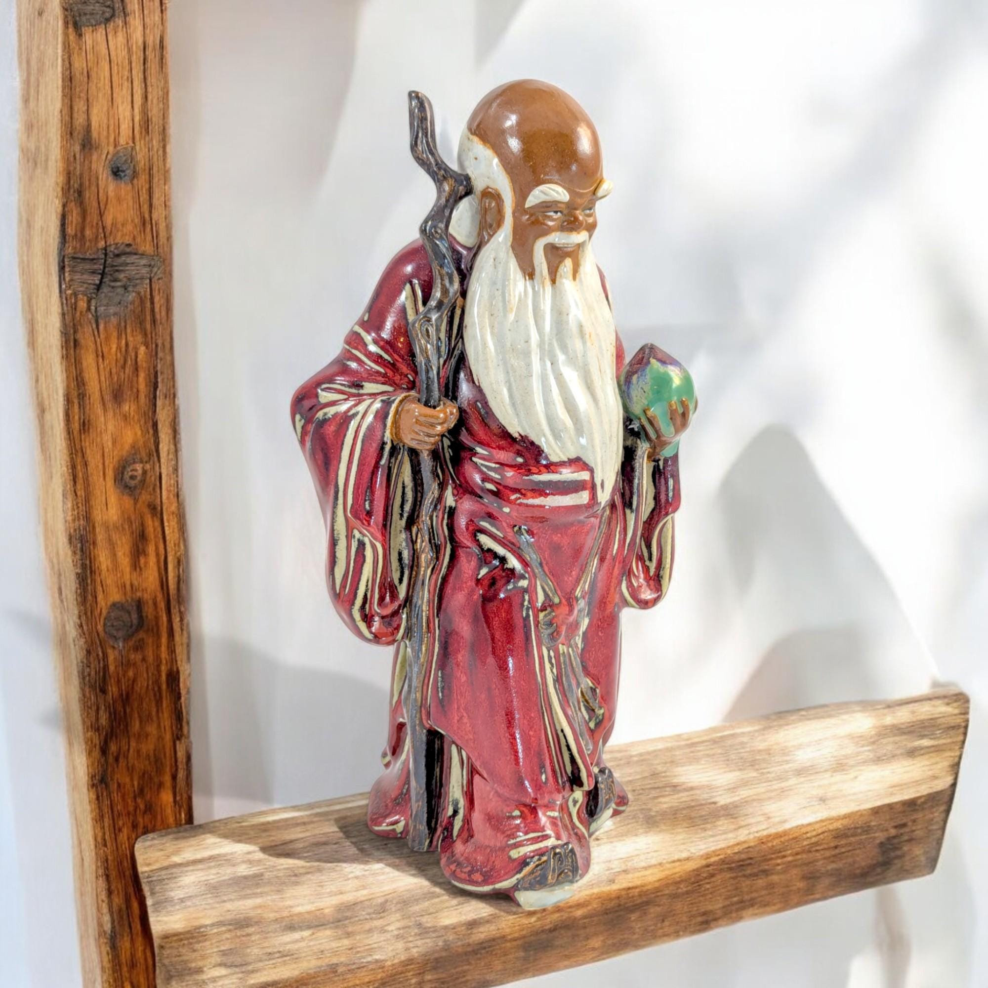 Large Shiwan Shou Xing Statue: Oxblood Glaze Chinese Pottery, c. 1950s