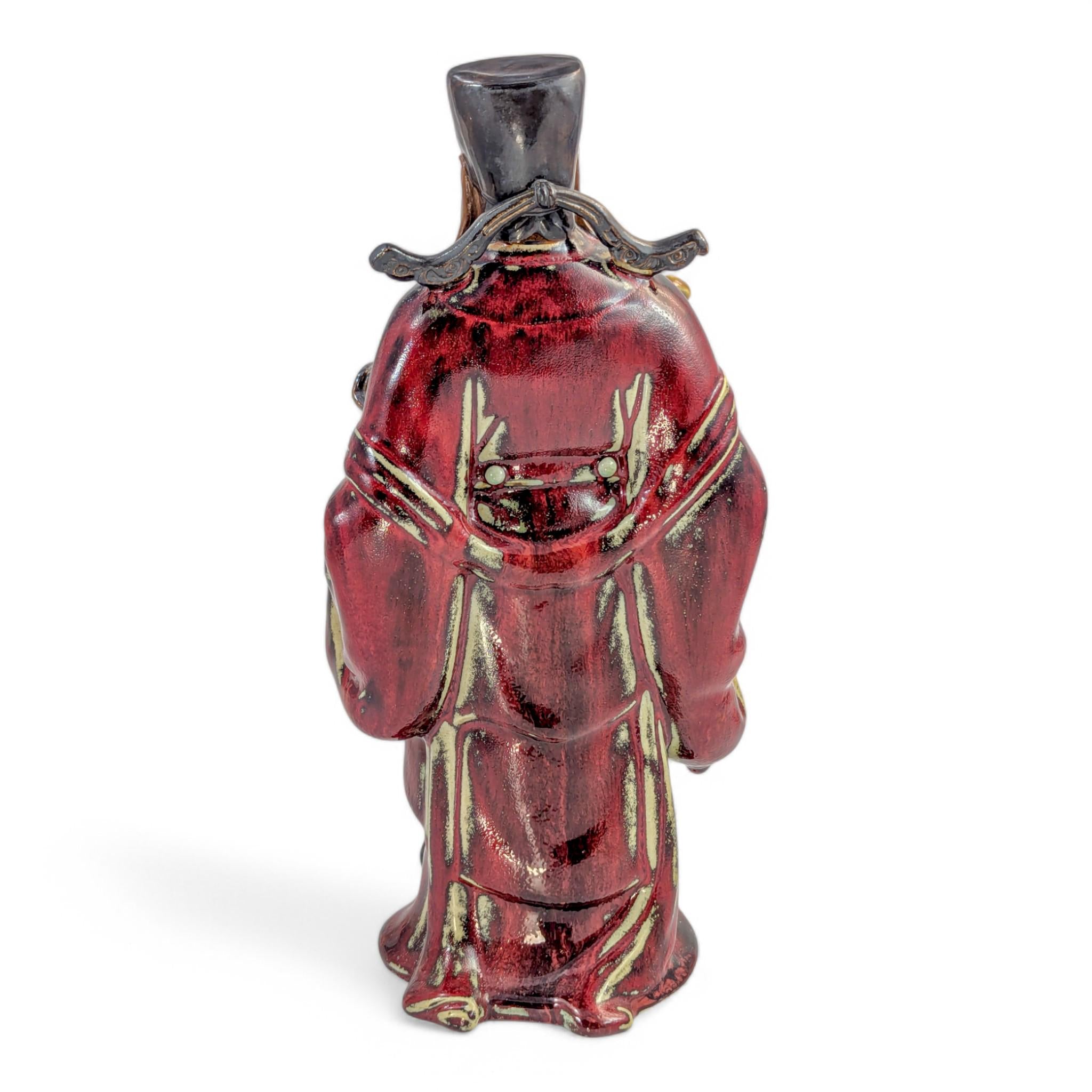 Vintage Shiwan Pottery Statue: Oxblood Glaze Chinese Official with Ruyi Sceptre