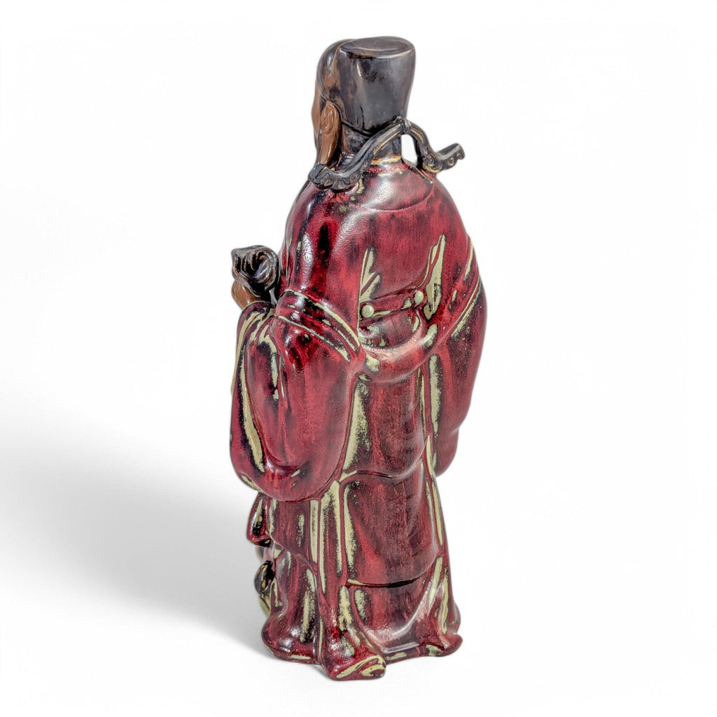 Vintage Shiwan Pottery Statue: Oxblood Glaze Chinese Official with Ruyi Sceptre