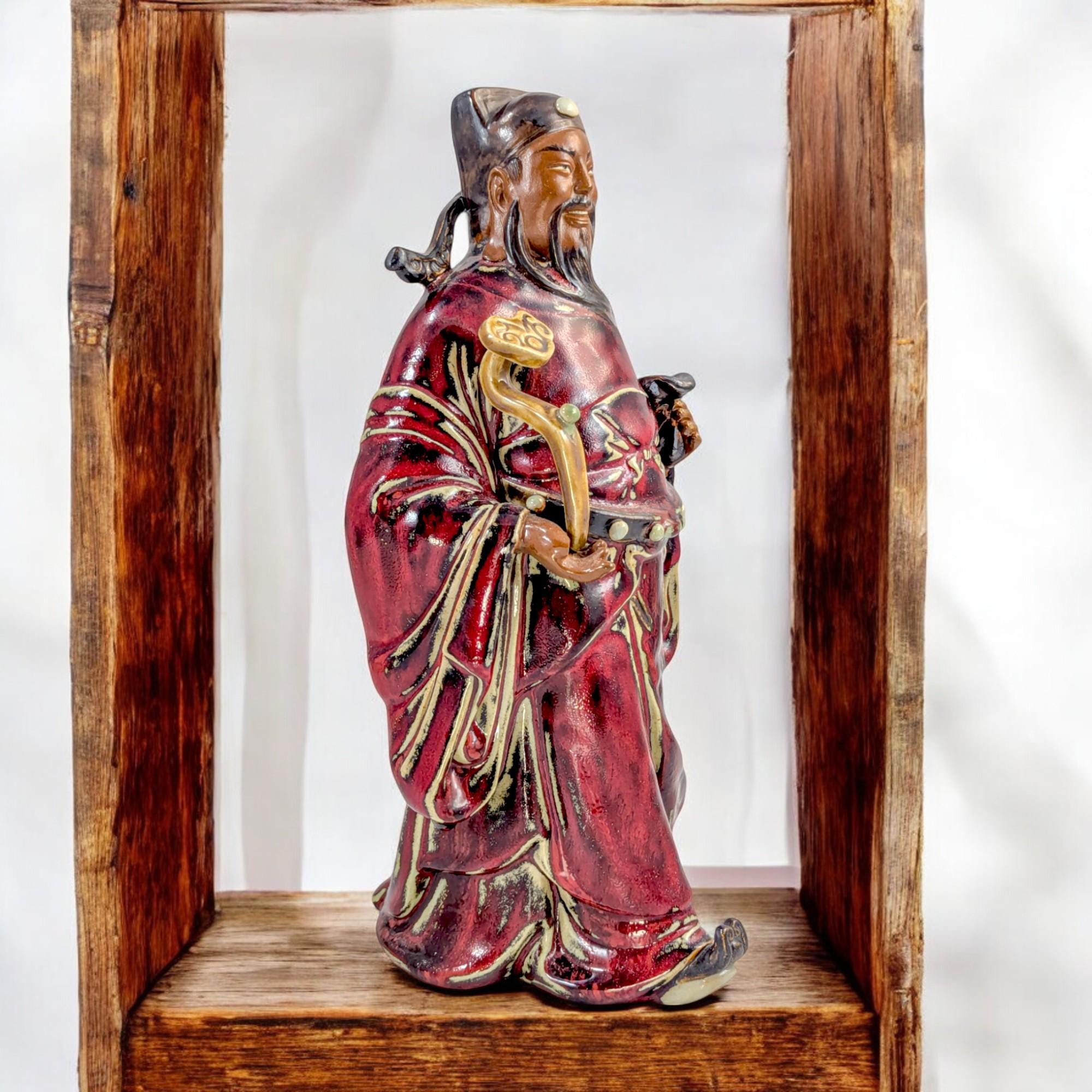 Vintage Shiwan Pottery Statue: Oxblood Glaze Chinese Official with Ruyi Sceptre