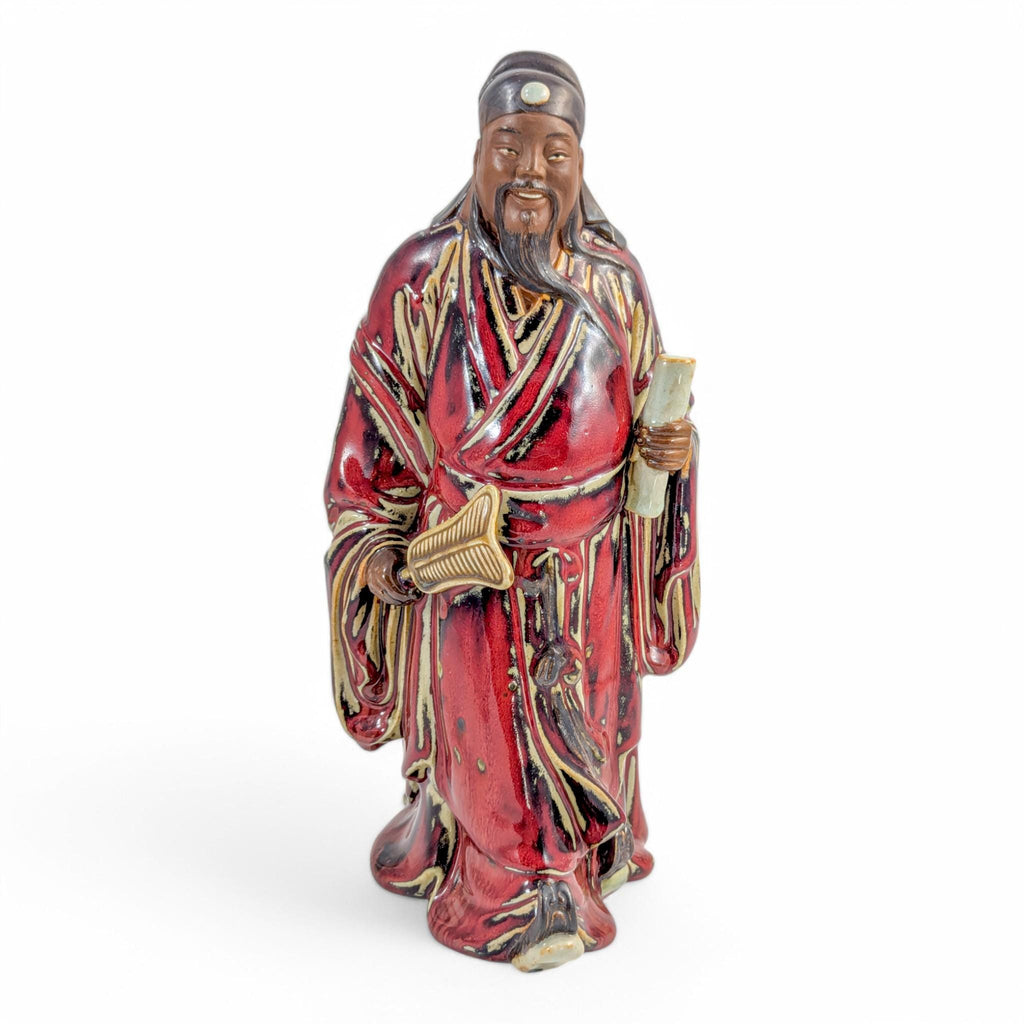 Vintage Shiwan Pottery Figure: Oxblood Glazed Chinese Official Statue