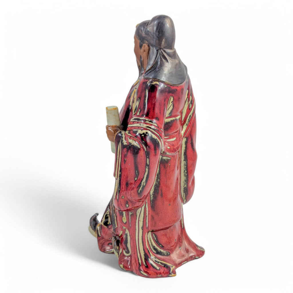 Vintage Shiwan Pottery Figure: Oxblood Glazed Chinese Official Statue