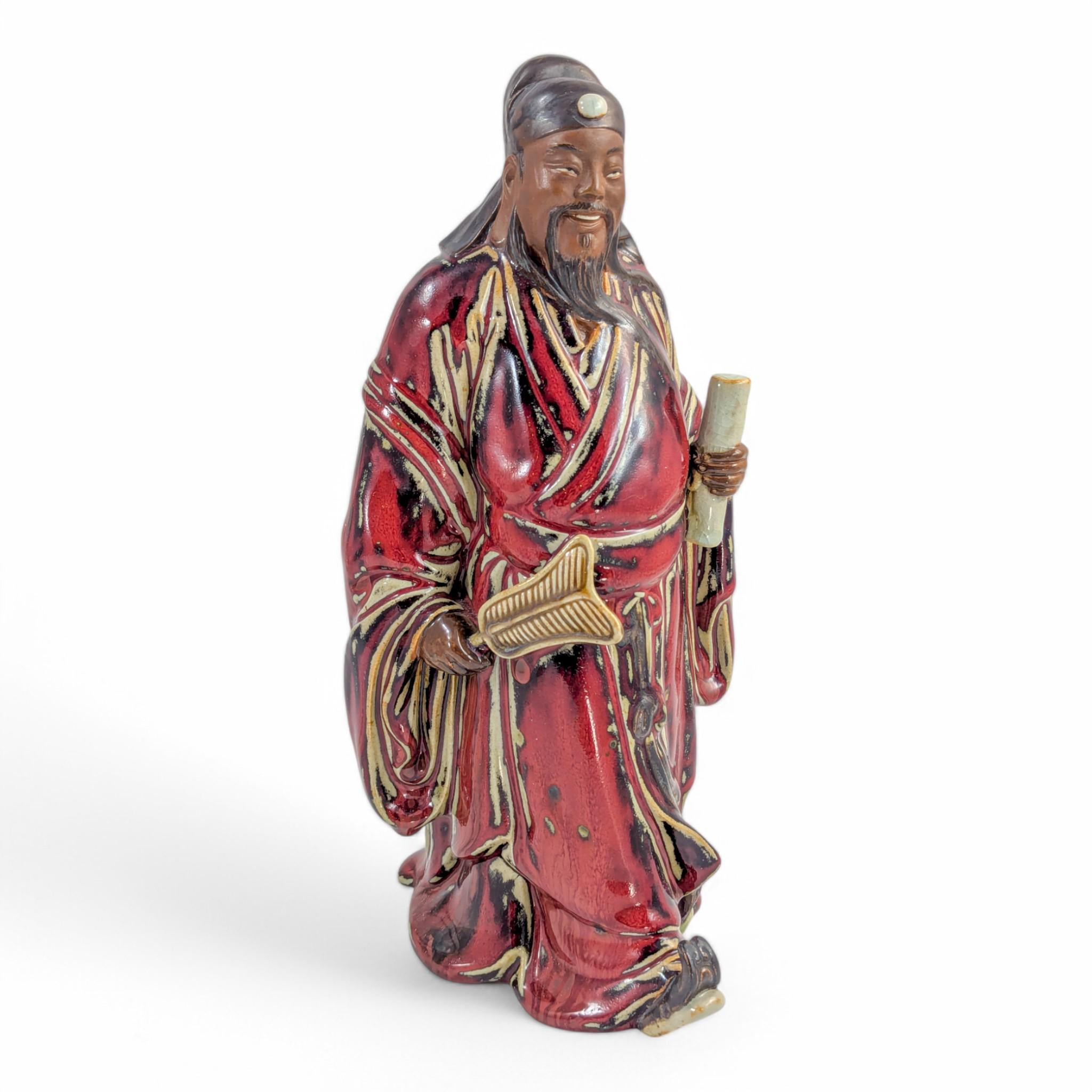 Vintage Shiwan Pottery Figure: Oxblood Glazed Chinese Official Statue