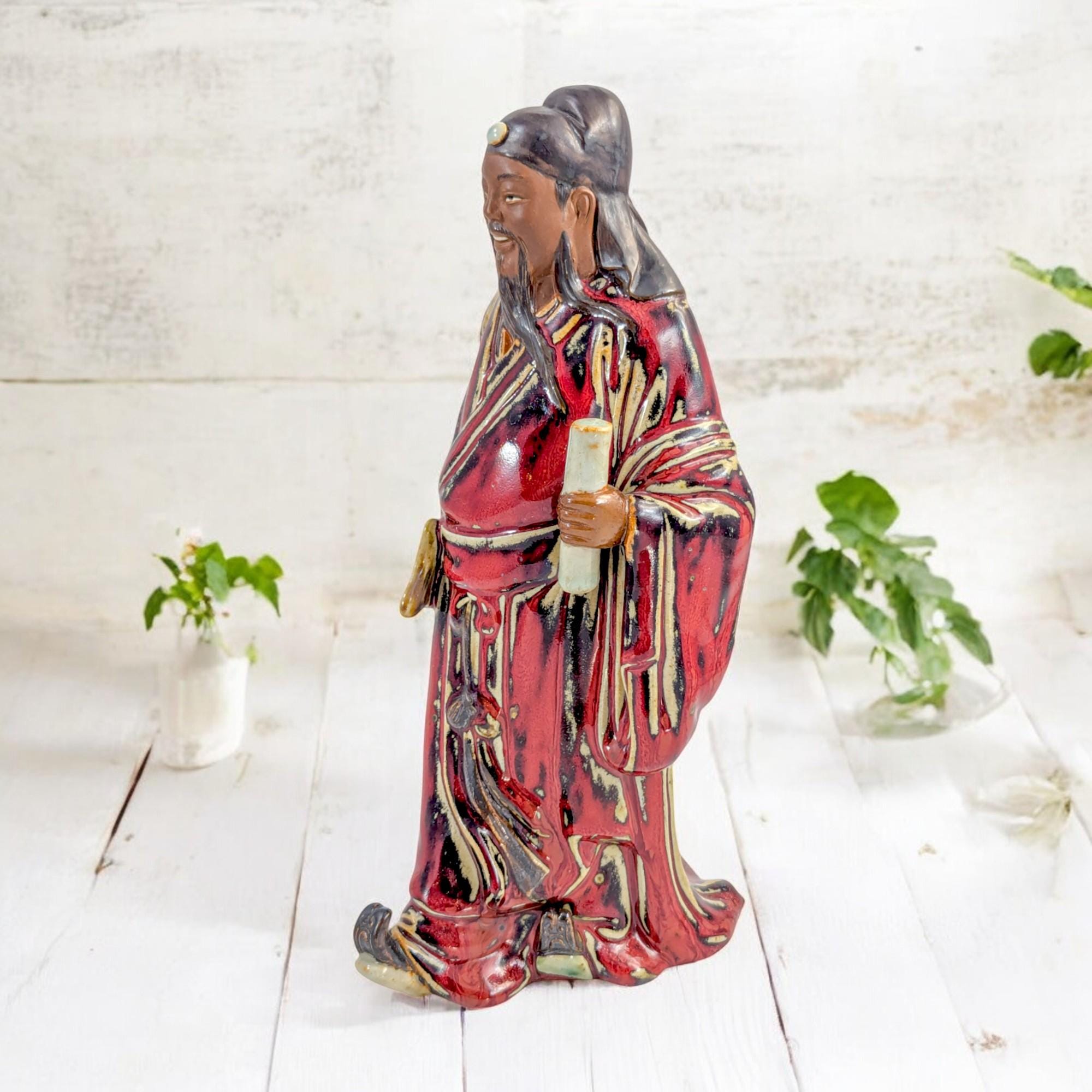 Vintage Shiwan Pottery Figure: Oxblood Glazed Chinese Official Statue