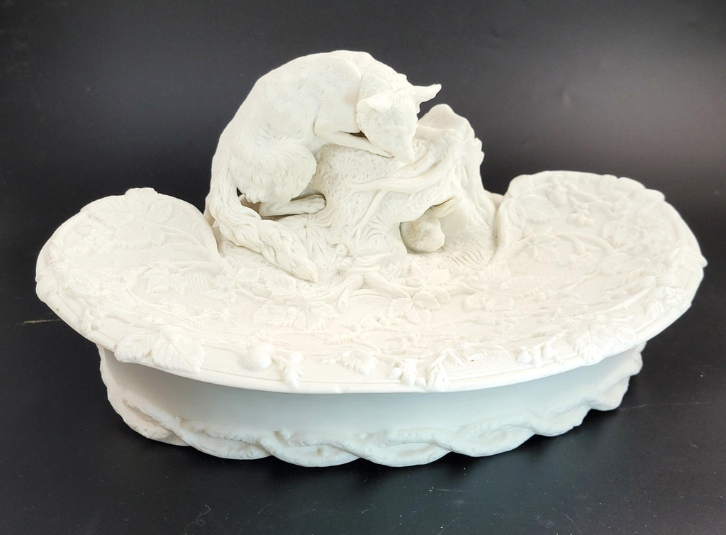 Antique English Parian Ware Fox & Rabbit Dish, Victorian c1850
