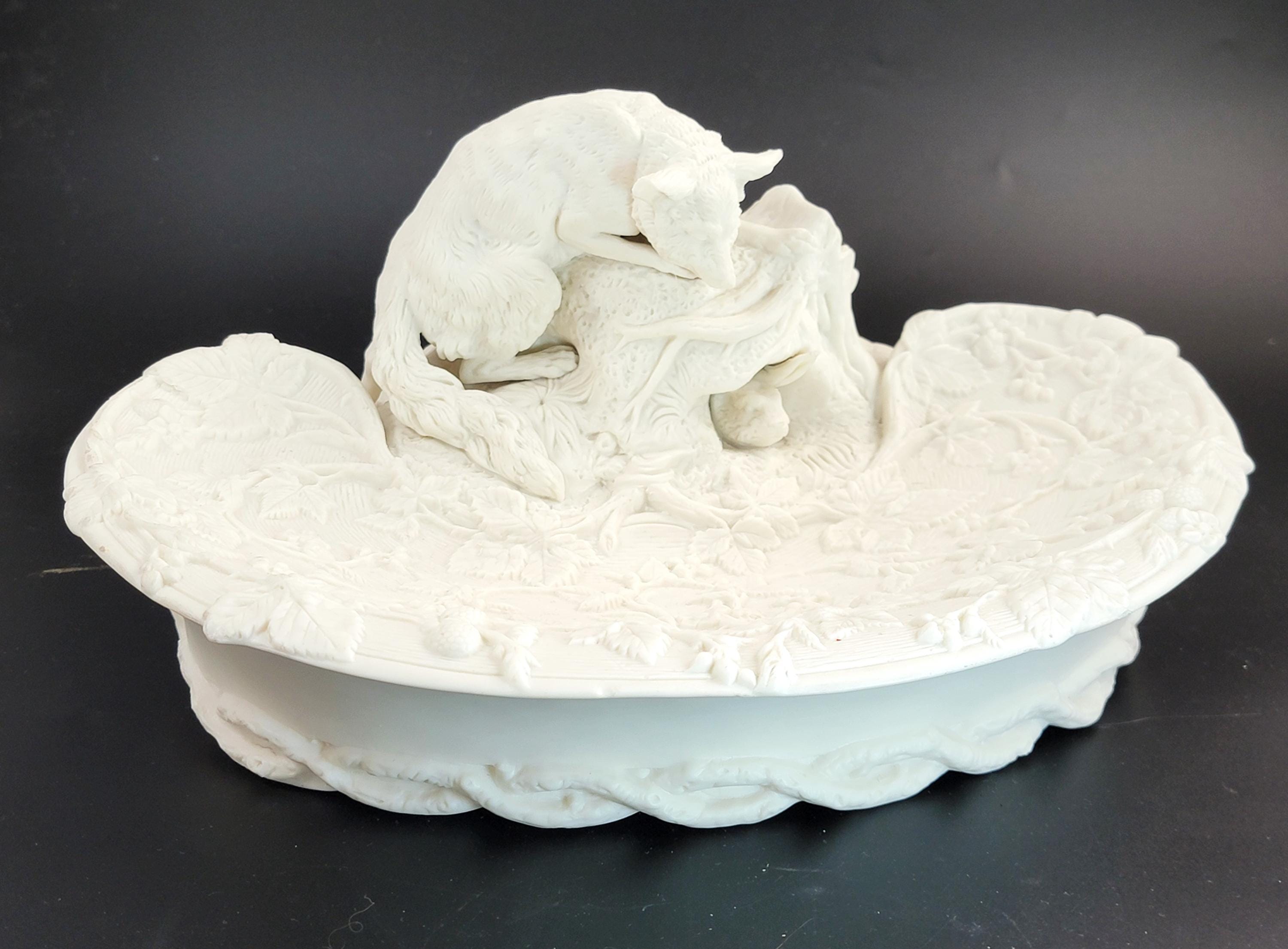 Antique English Parian Ware Fox & Rabbit Dish, Victorian c1850