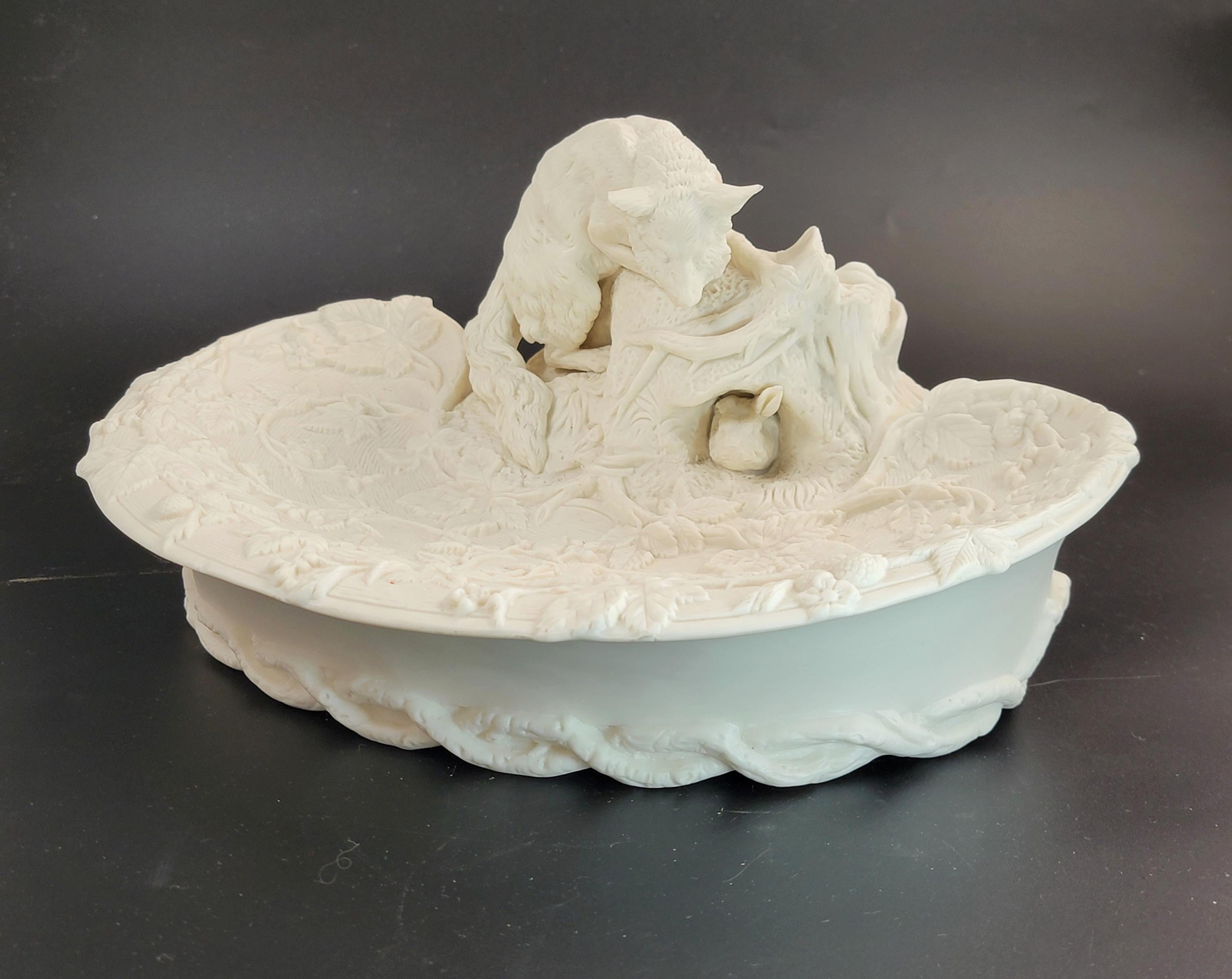 Antique English Parian Ware Fox & Rabbit Dish, Victorian c1850