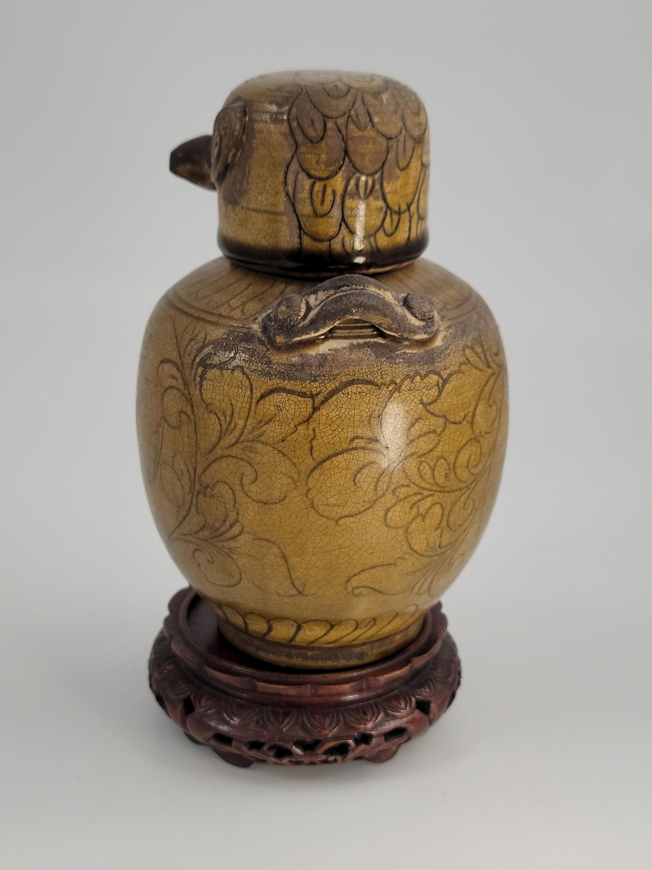Chinese Bird Lid Jar – Antique 19thC Stoneware Vessel – Qing Dynasty Folk Pot