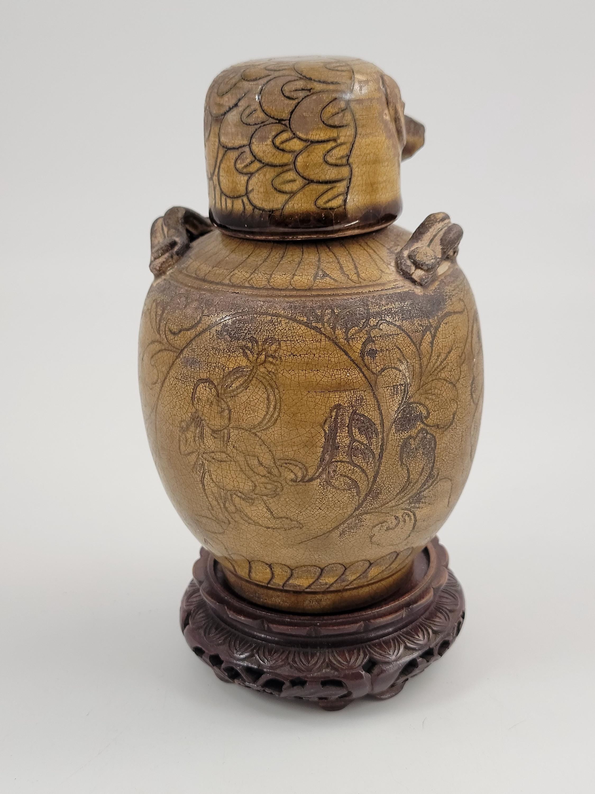 Chinese Bird Lid Jar – Antique 19thC Stoneware Vessel – Qing Dynasty Folk Pot