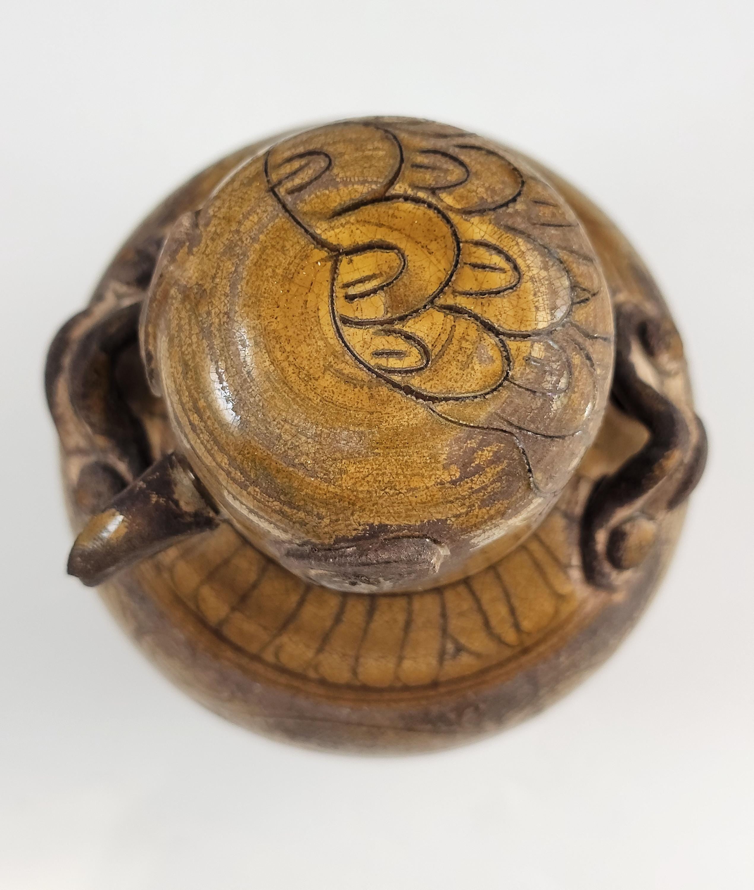 Chinese Bird Lid Jar – Antique 19thC Stoneware Vessel – Qing Dynasty Folk Pot