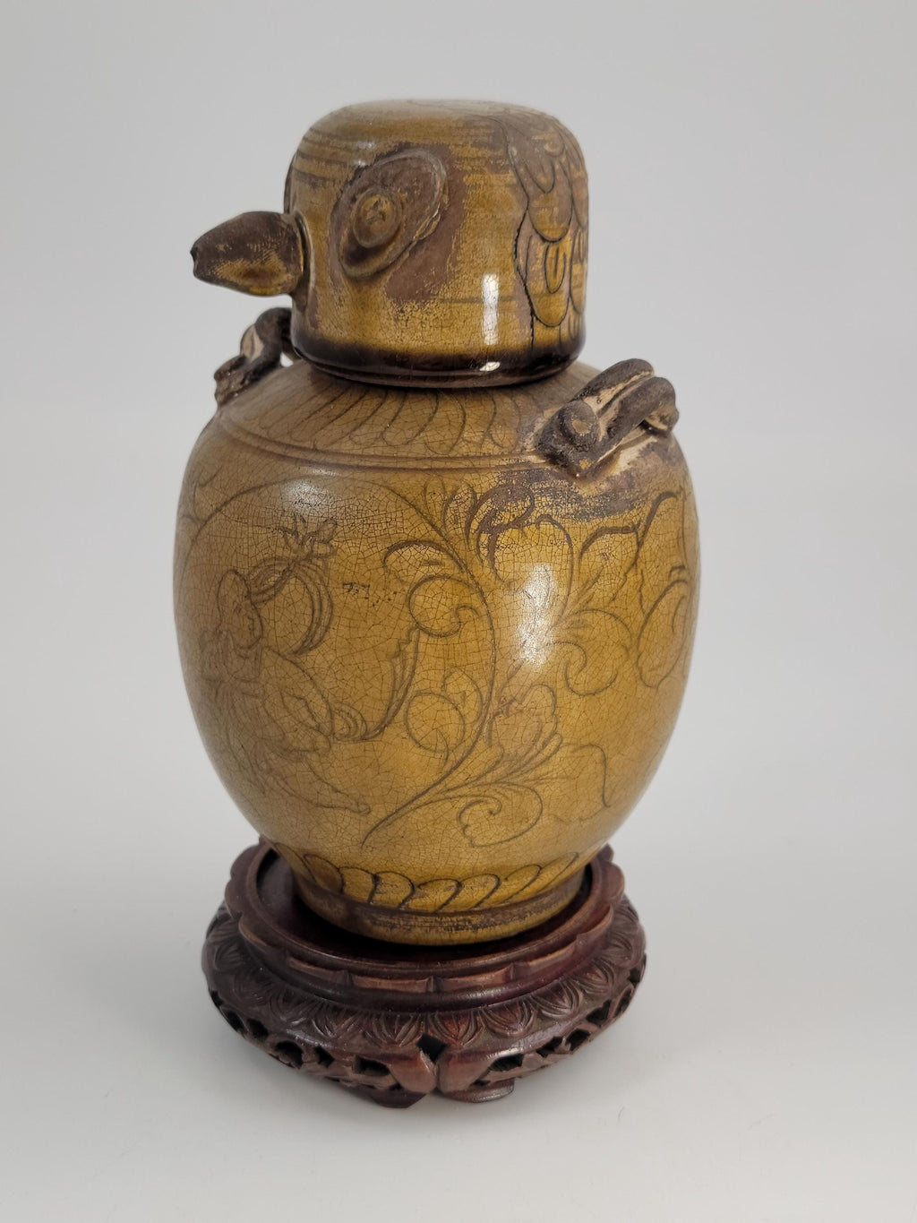 Chinese Bird Lid Jar – Antique 19thC Stoneware Vessel – Qing Dynasty Folk Pot
