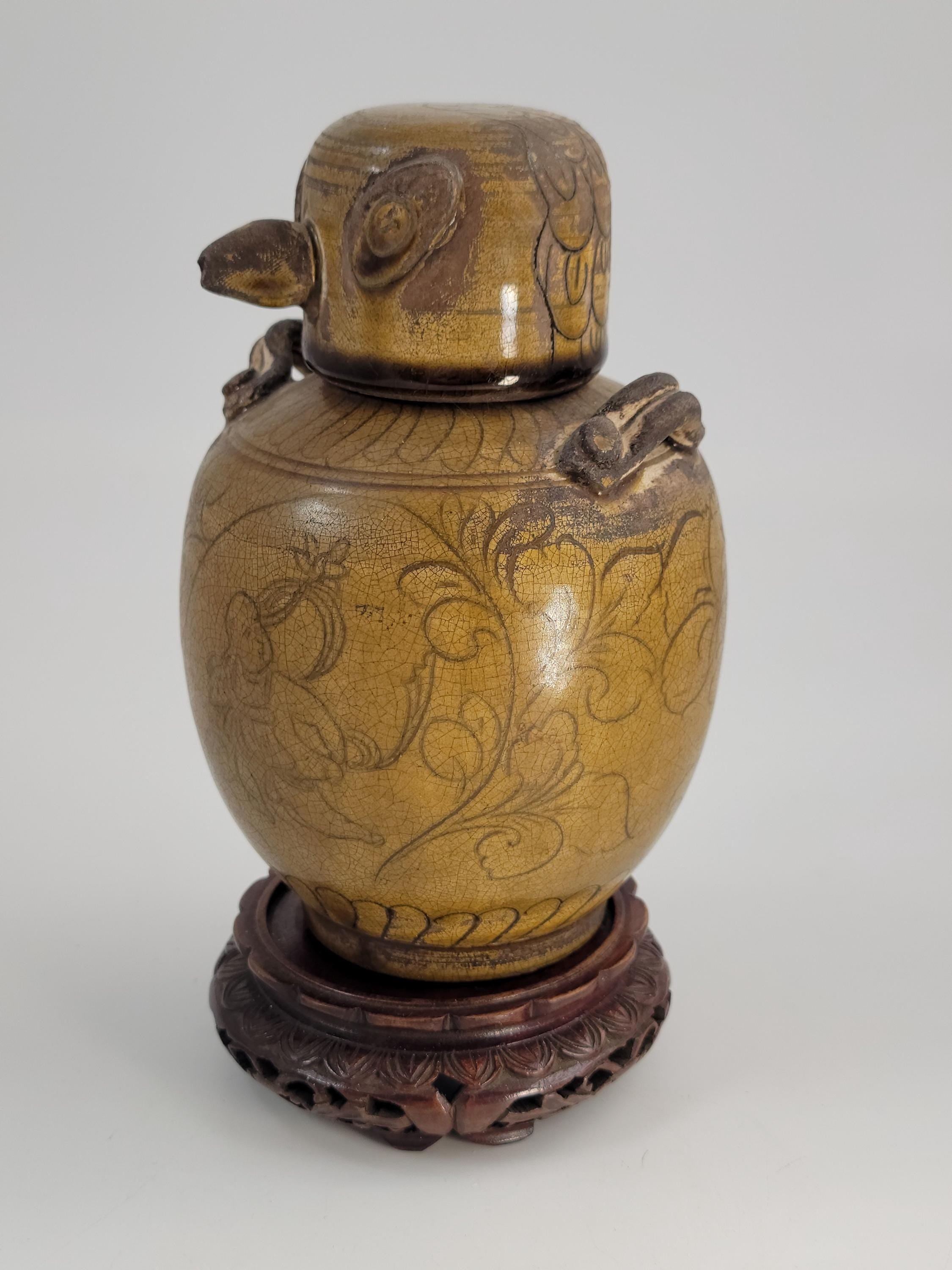 Chinese Bird Lid Jar – Antique 19thC Stoneware Vessel – Qing Dynasty Folk Pot