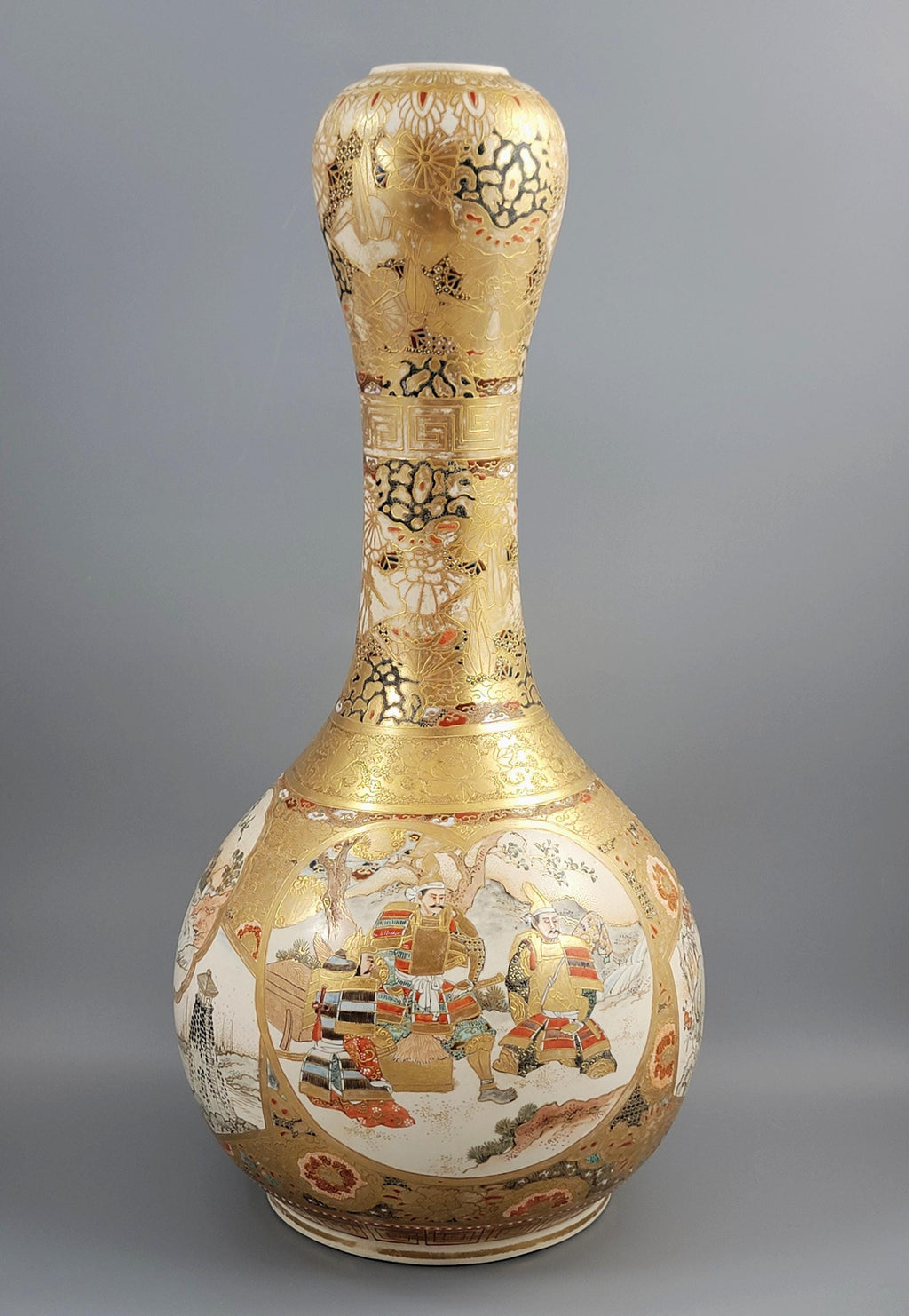 Large Antique Japanese Satsuma Vase Samurai Moriage Gilding Meiji Period c.1880