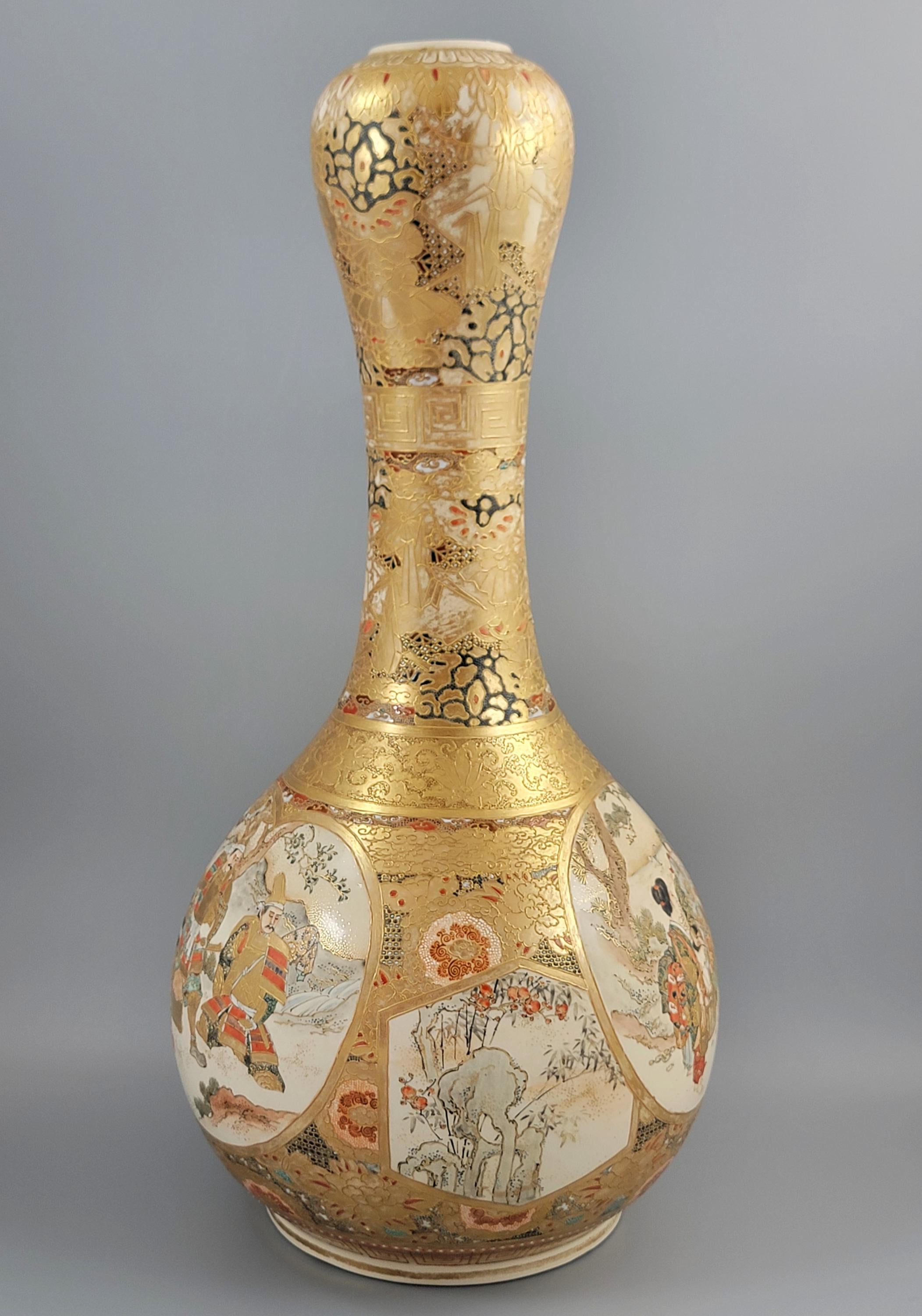 Large Antique Japanese Satsuma Vase Samurai Moriage Gilding Meiji Period c.1880