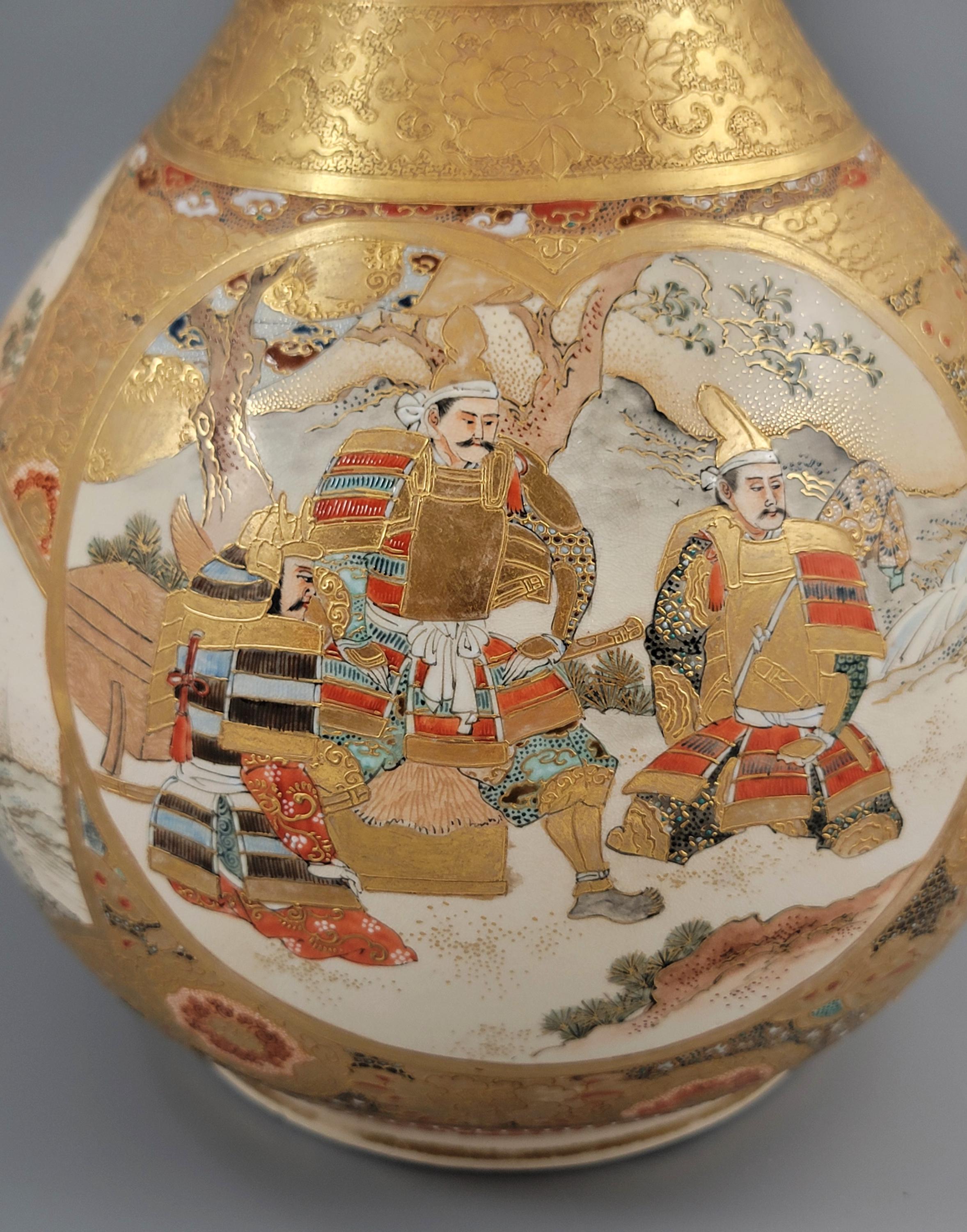 Large Antique Japanese Satsuma Vase Samurai Moriage Gilding Meiji Period c.1880