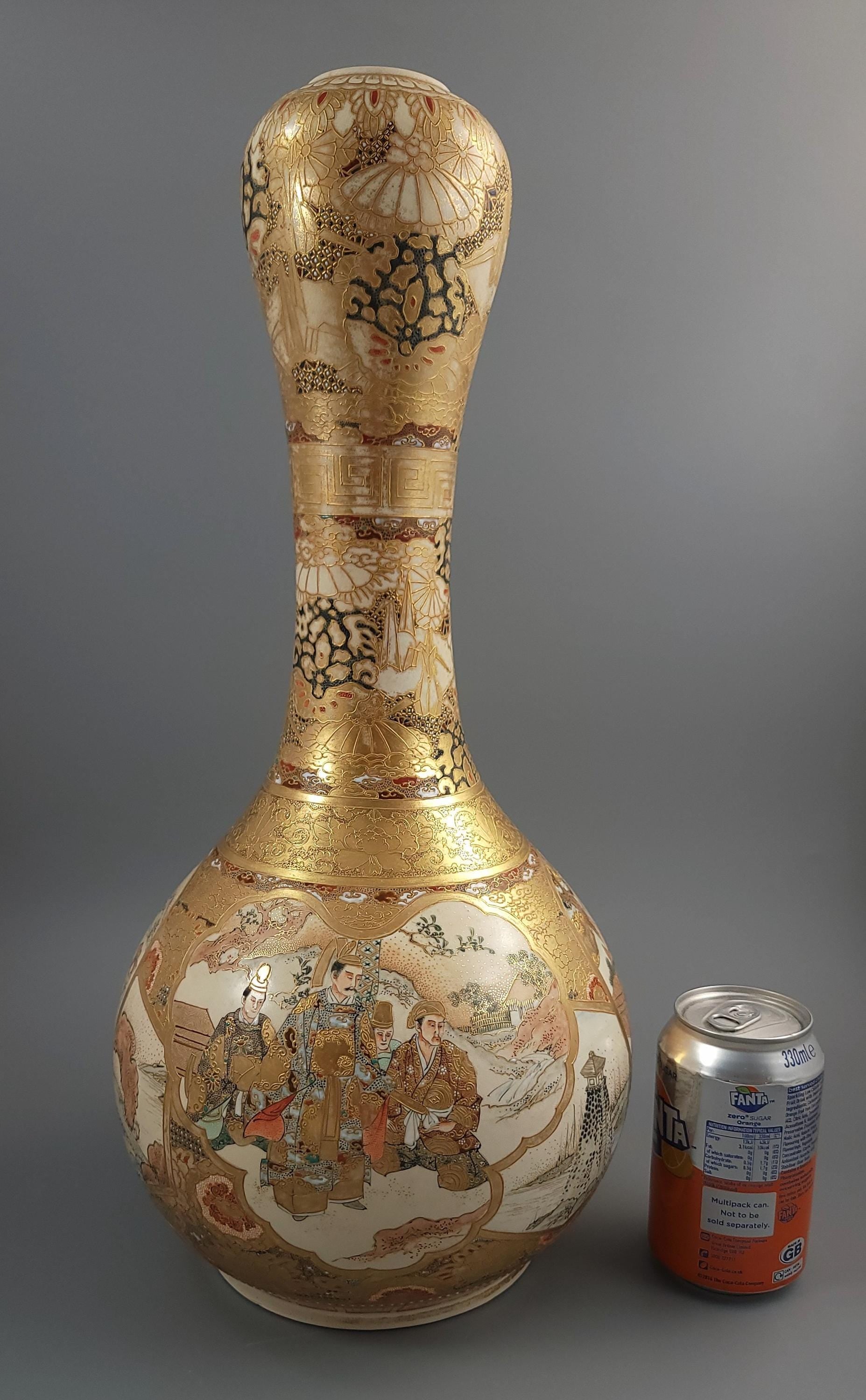 Large Antique Japanese Satsuma Vase Samurai Moriage Gilding Meiji Period c.1880