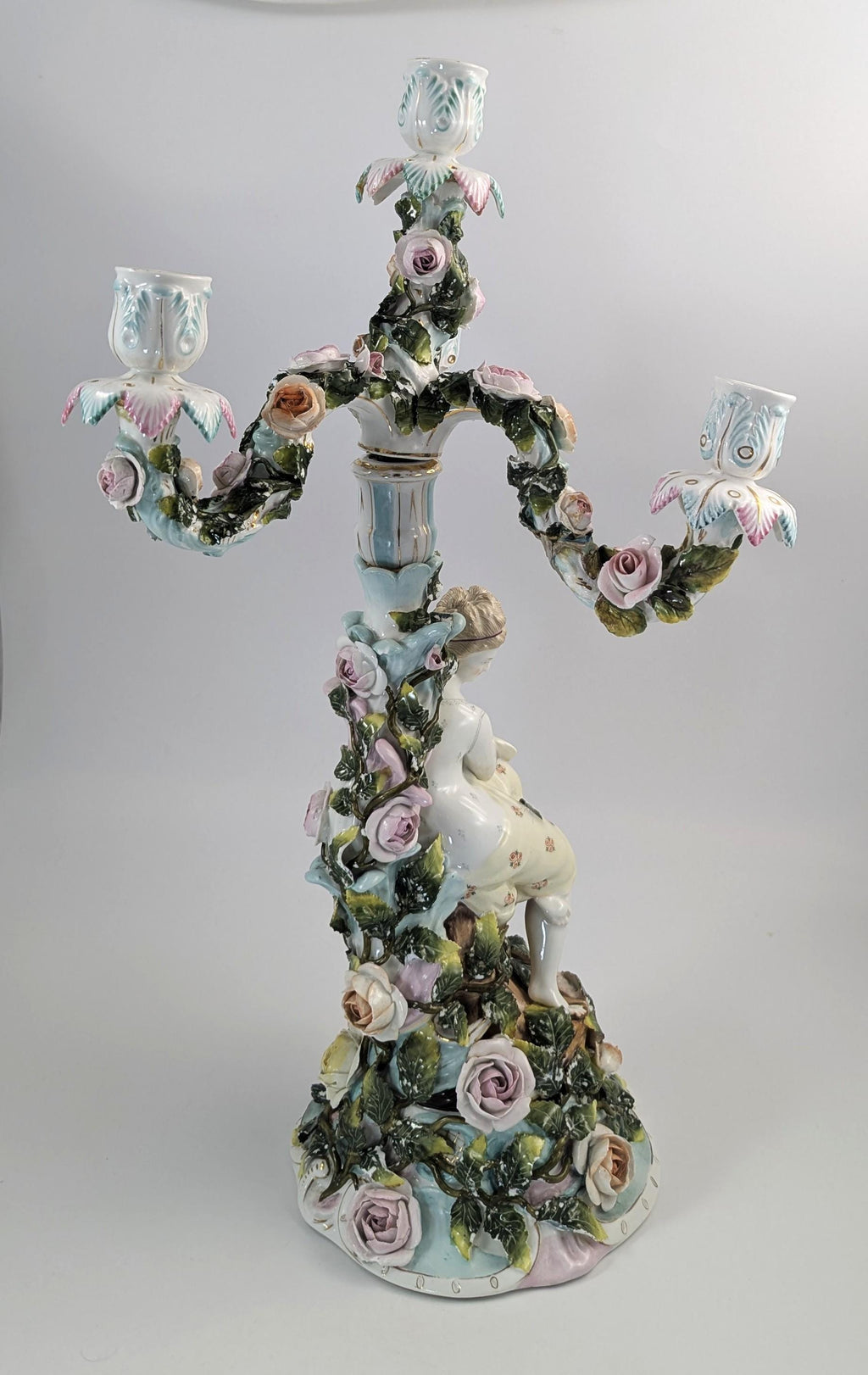 Antique Sitzendorf Porcelain Candelabra, Figural Floral Design, 1890s