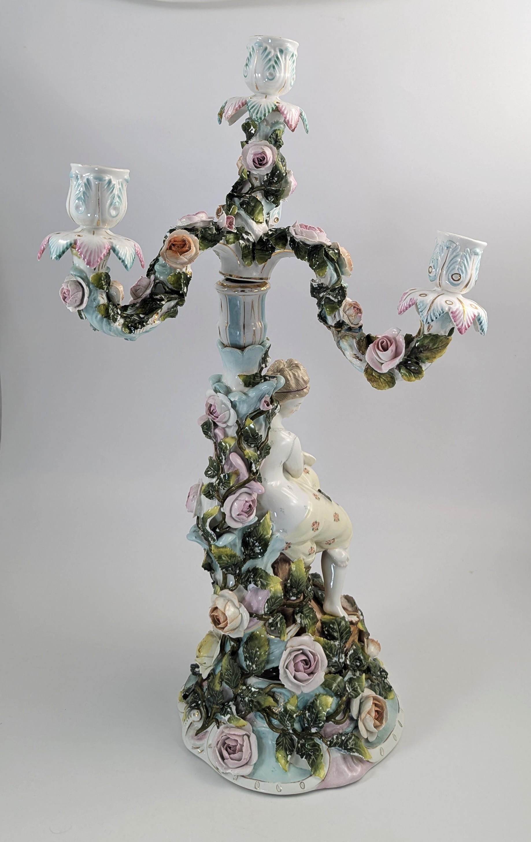 Antique Sitzendorf Porcelain Candelabra, Figural Floral Design, 1890s