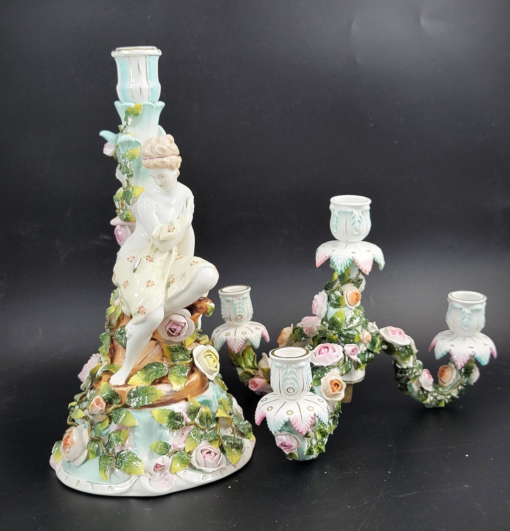 Antique Sitzendorf Porcelain Candelabra, Figural Floral Design, 1890s