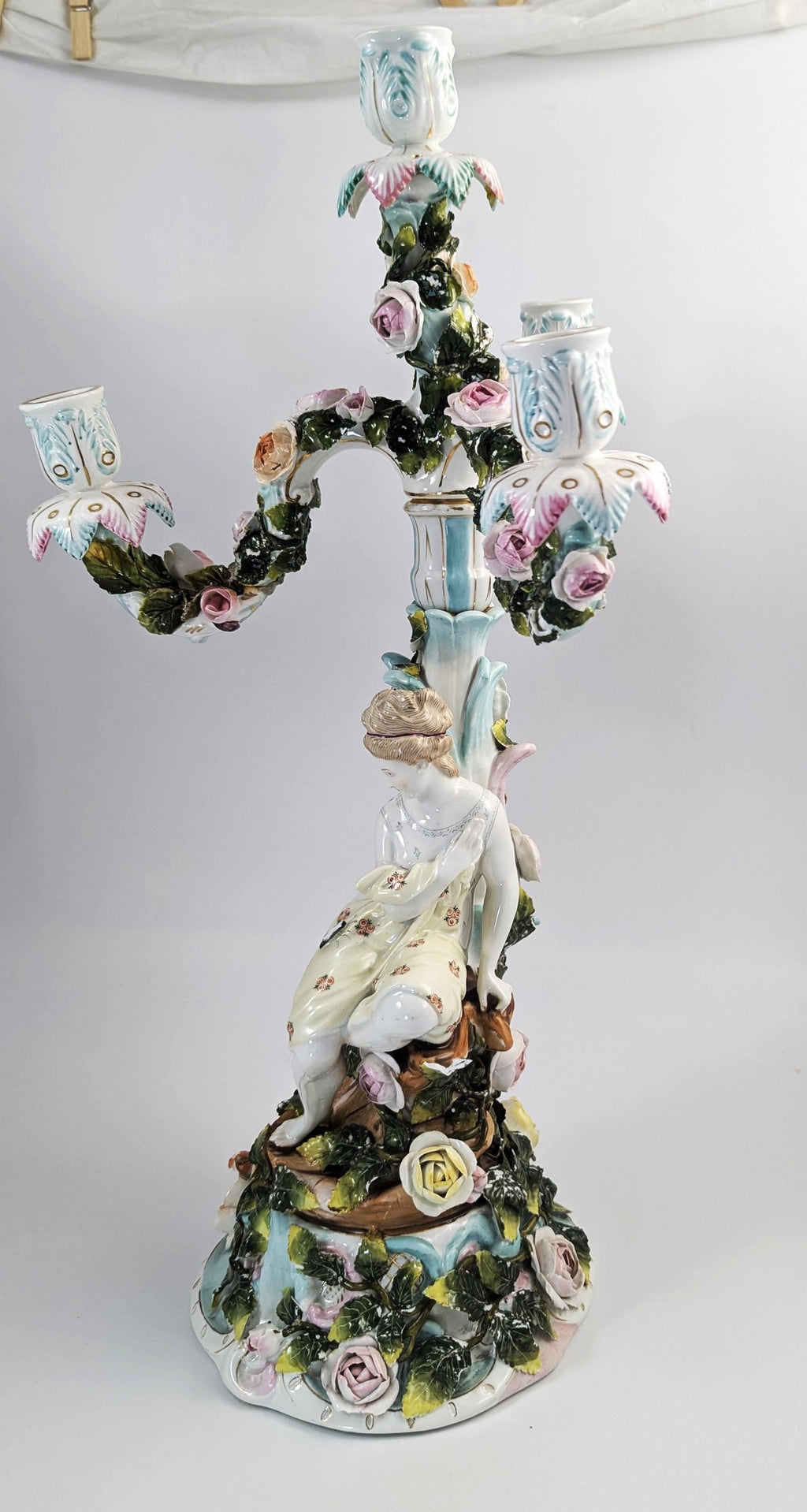 Antique Sitzendorf Porcelain Candelabra, Figural Floral Design, 1890s