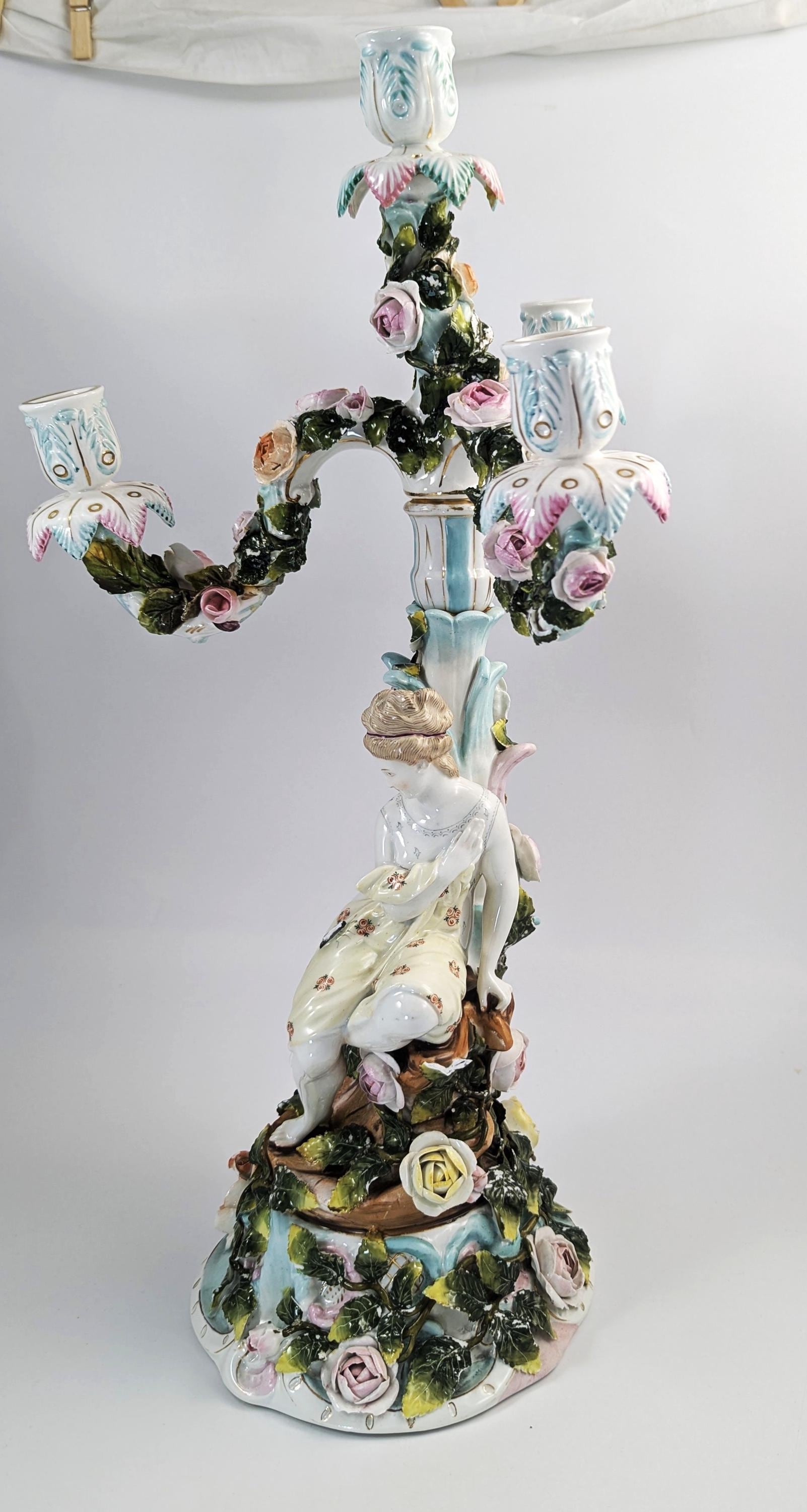 Antique Sitzendorf Porcelain Candelabra, Figural Floral Design, 1890s