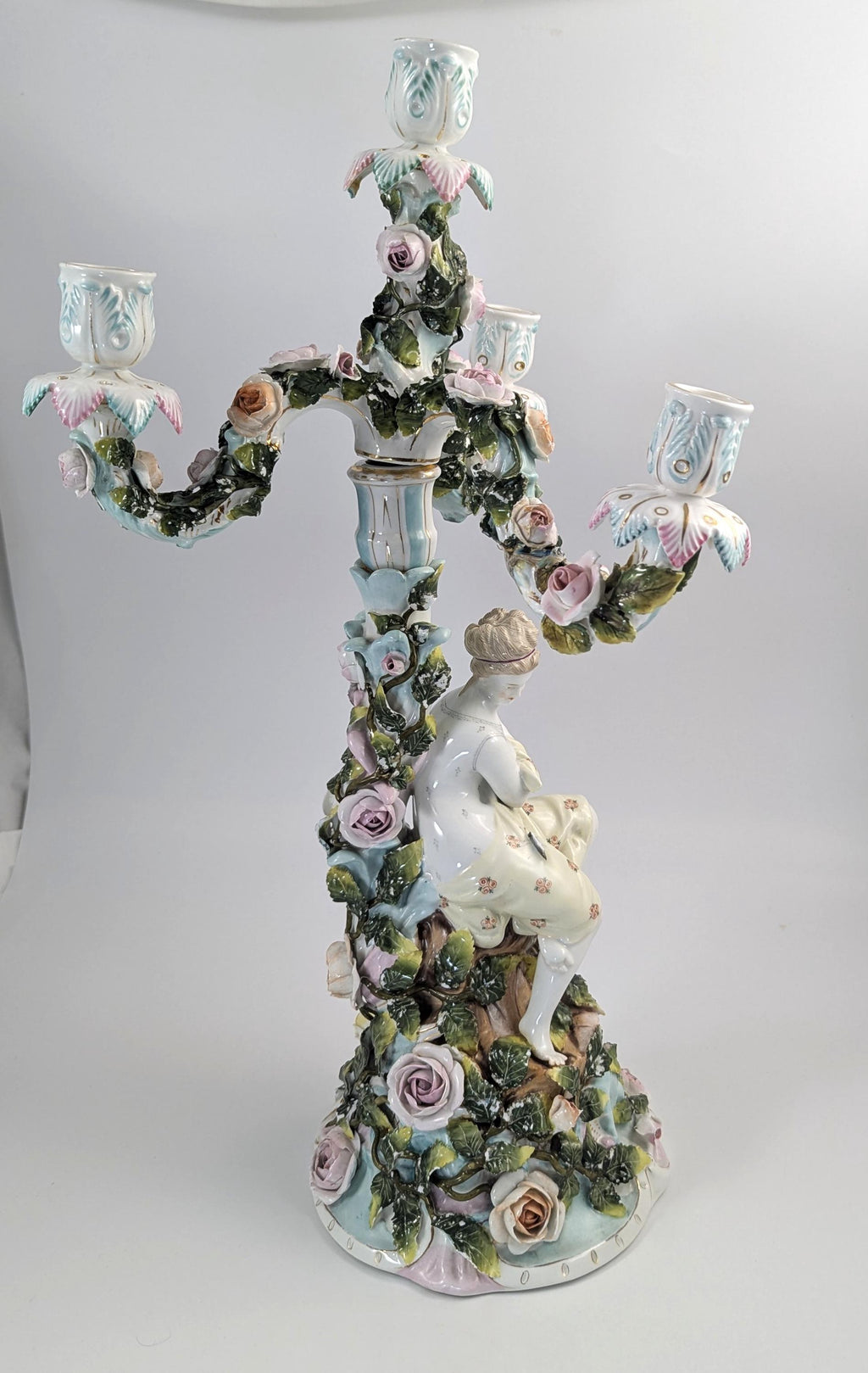 Antique Sitzendorf Porcelain Candelabra, Figural Floral Design, 1890s