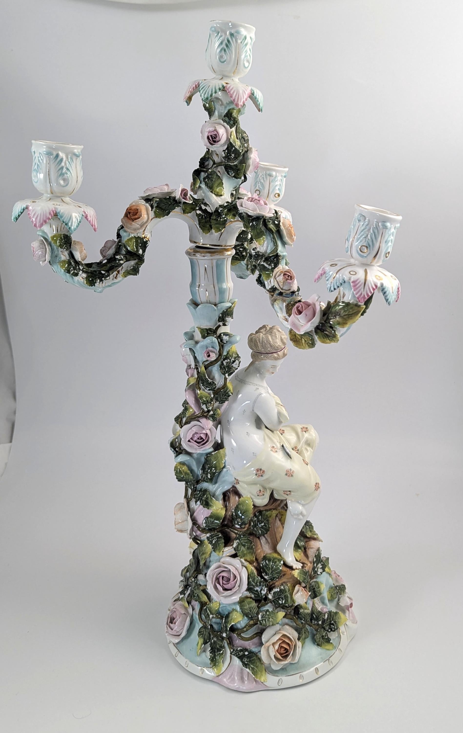 Antique Sitzendorf Porcelain Candelabra, Figural Floral Design, 1890s