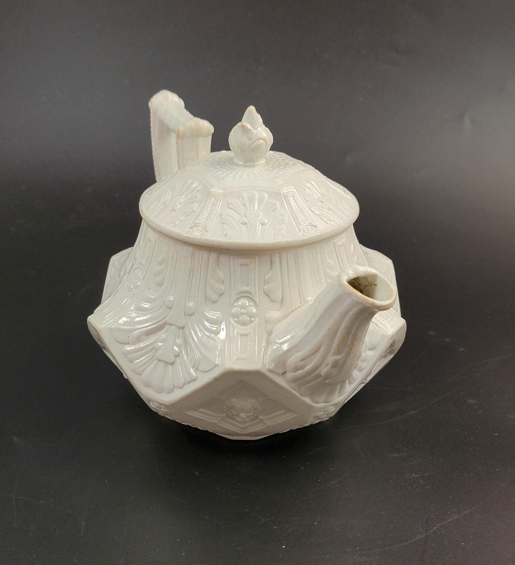 Antique Wedgwood White Stoneware Teapot, Hexagonal Design c.1820
