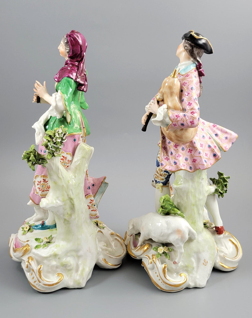 Chelsea Porcelain Figures, Gold Anchor Shepherd & Shepherdess Pair, English Rococo Figurines c.1760