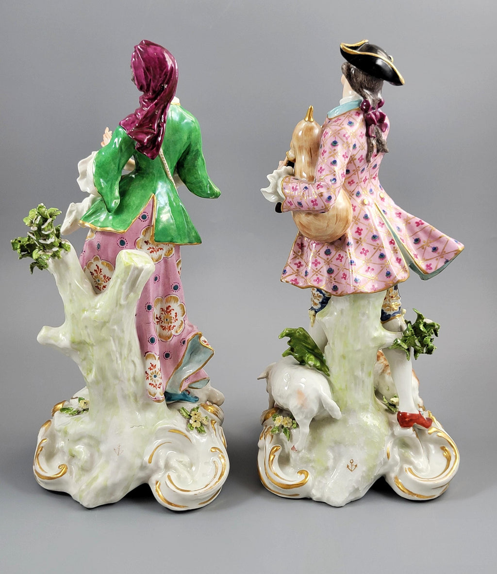Chelsea Porcelain Figures, Gold Anchor Shepherd & Shepherdess Pair, English Rococo Figurines c.1760