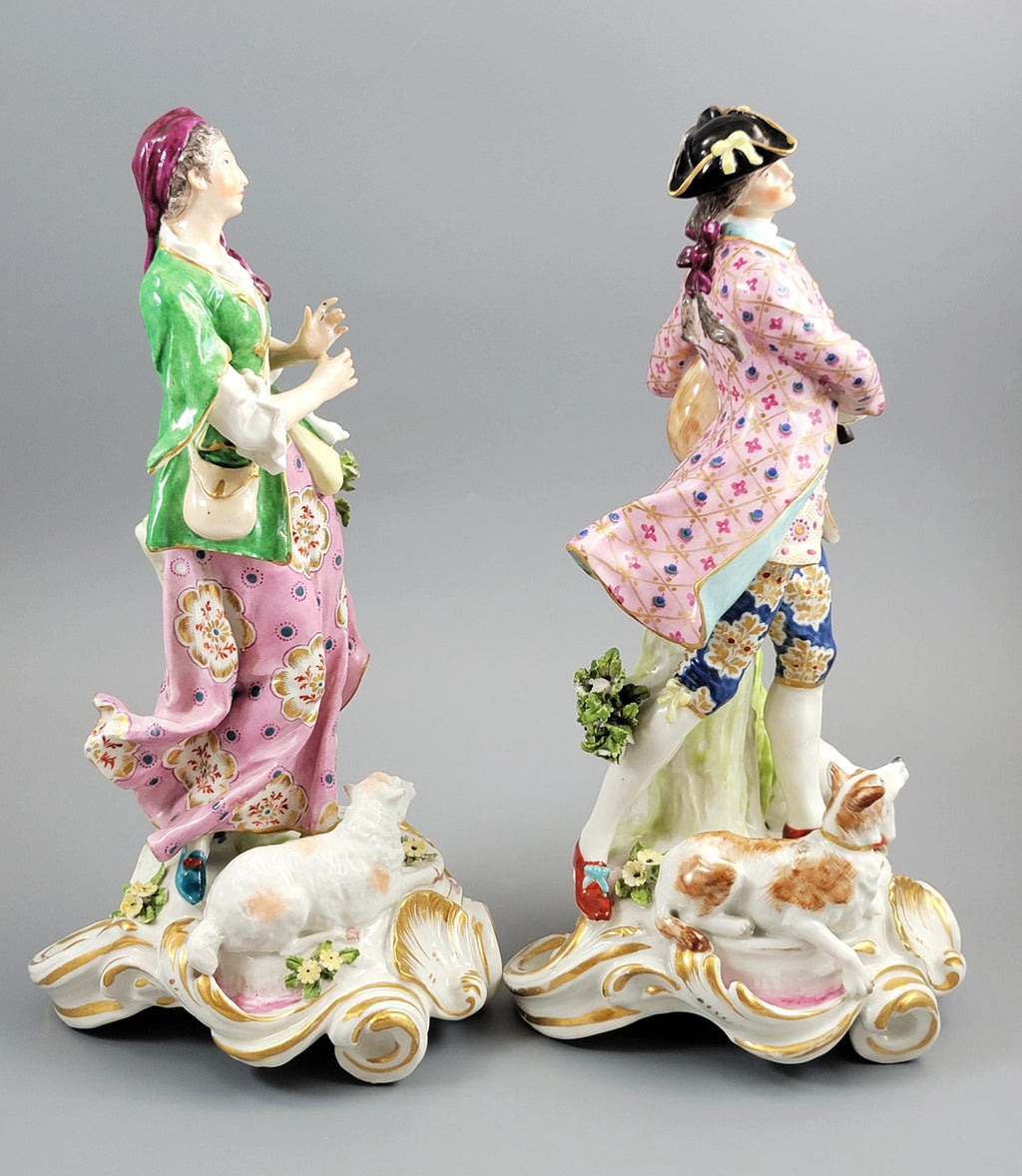 Chelsea Porcelain Figures, Gold Anchor Shepherd & Shepherdess Pair, English Rococo Figurines c.1760