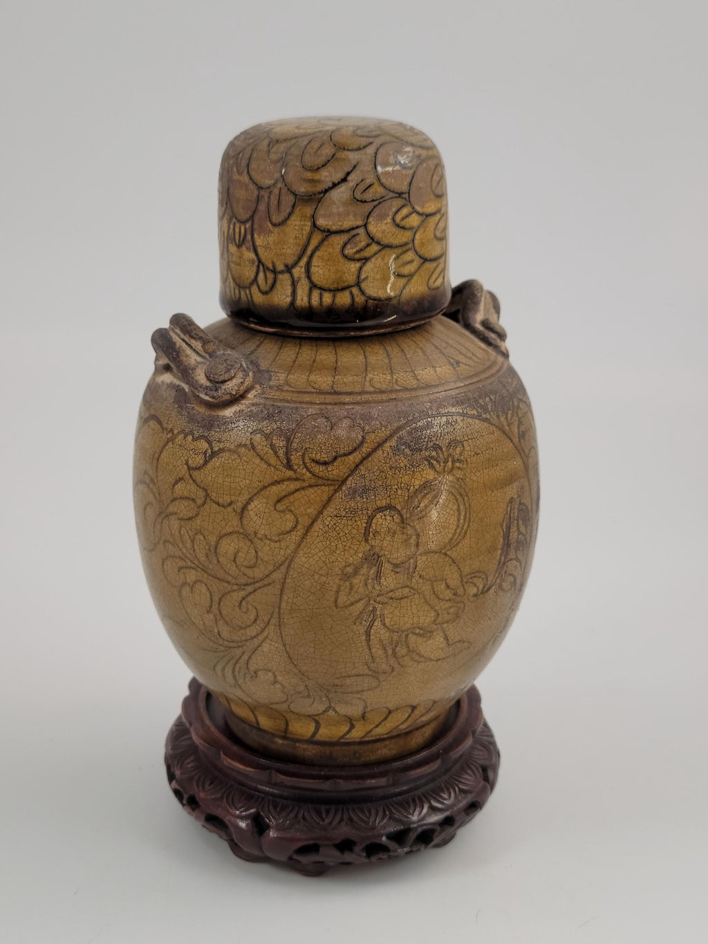 Chinese Bird Lid Jar – Antique 19thC Stoneware Vessel – Qing Dynasty Folk Pot