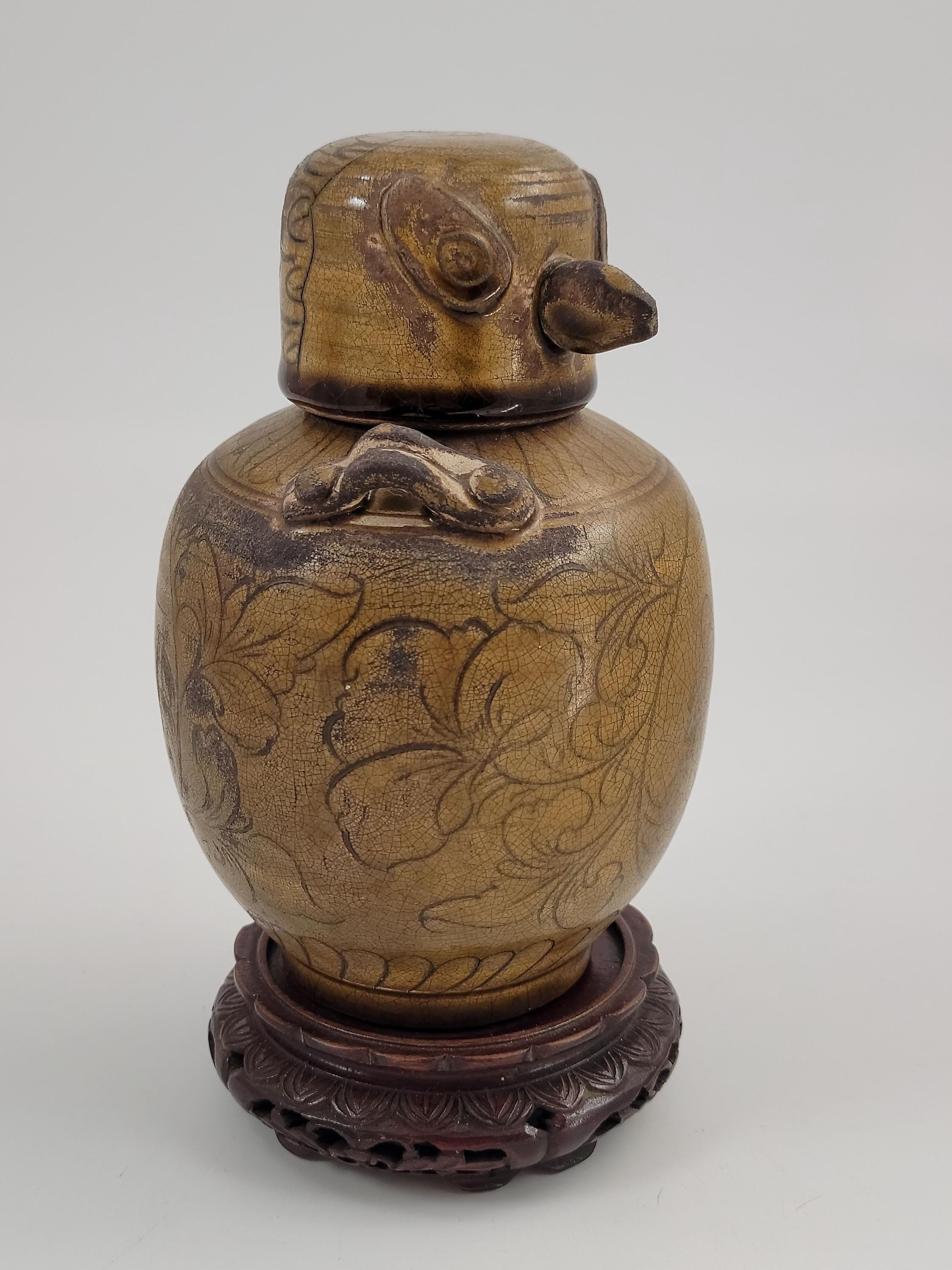 Chinese Bird Lid Jar – Antique 19thC Stoneware Vessel – Qing Dynasty Folk Pot