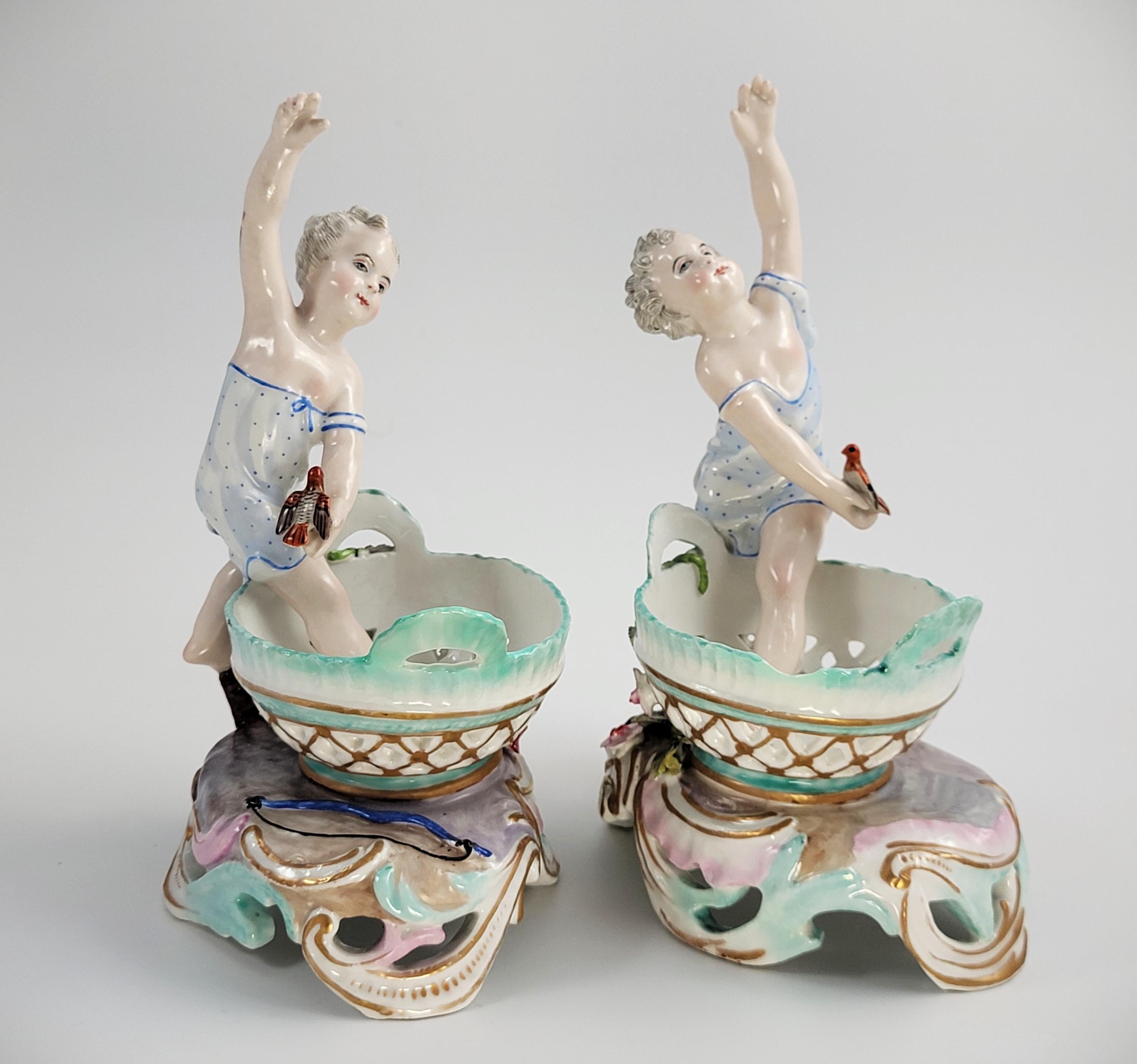 Antique Pair of German Porcelain Sweetmeat Figures, Attributed to Volkstedt, 19th Century Meissen Style