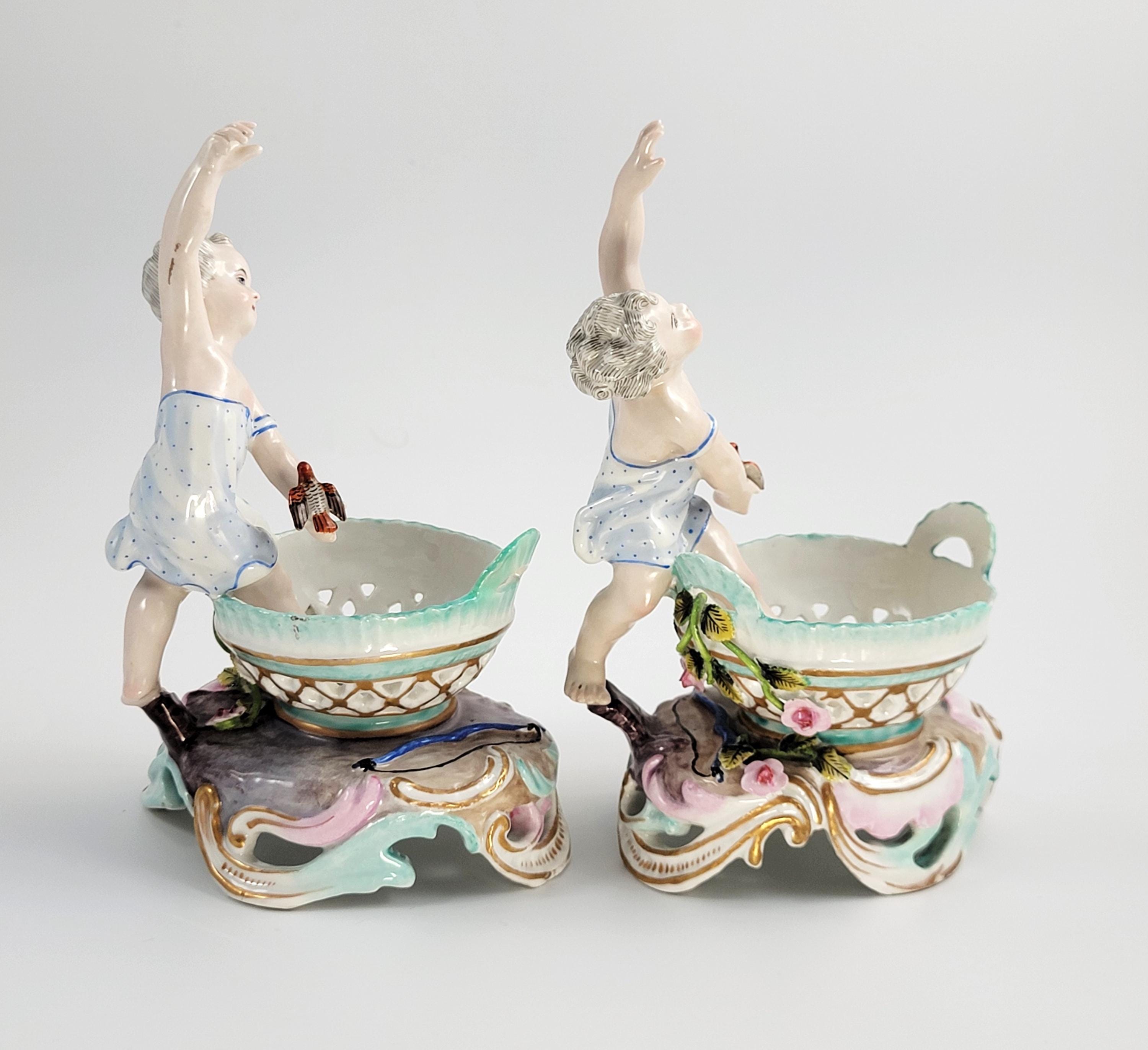Antique Pair of German Porcelain Sweetmeat Figures, Attributed to Volkstedt, 19th Century Meissen Style