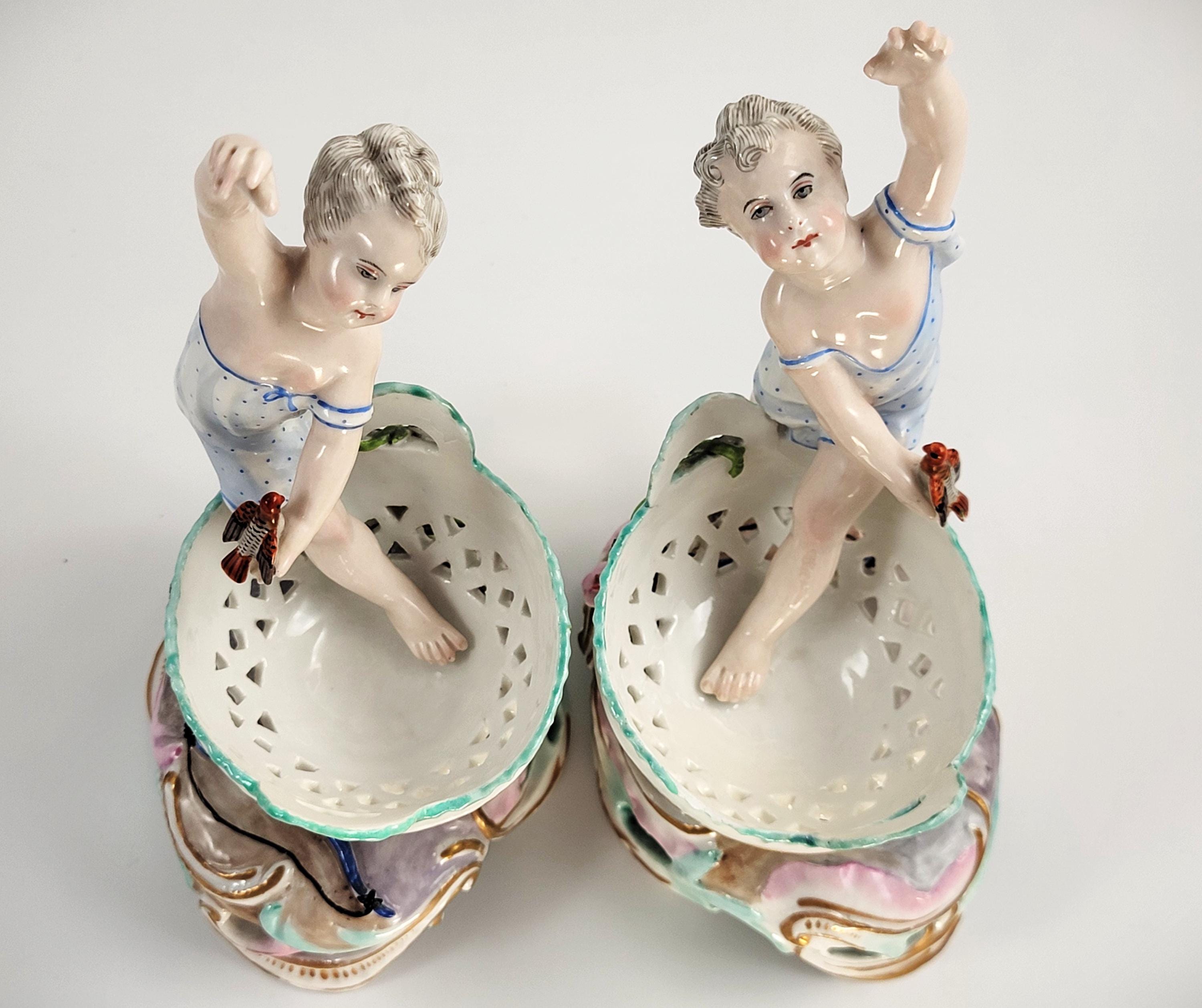Antique Pair of German Porcelain Sweetmeat Figures, Attributed to Volkstedt, 19th Century Meissen Style