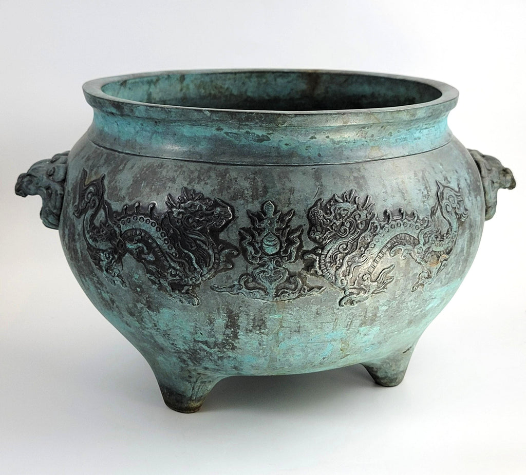 Antique Chinese Bronze Censer, Large Tripod Incense Burner, Dragon & Mask Handles, 19thC