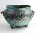 Antique Chinese Bronze Censer, Large Tripod Incense Burner, Dragon & Mask Handles, 19thC