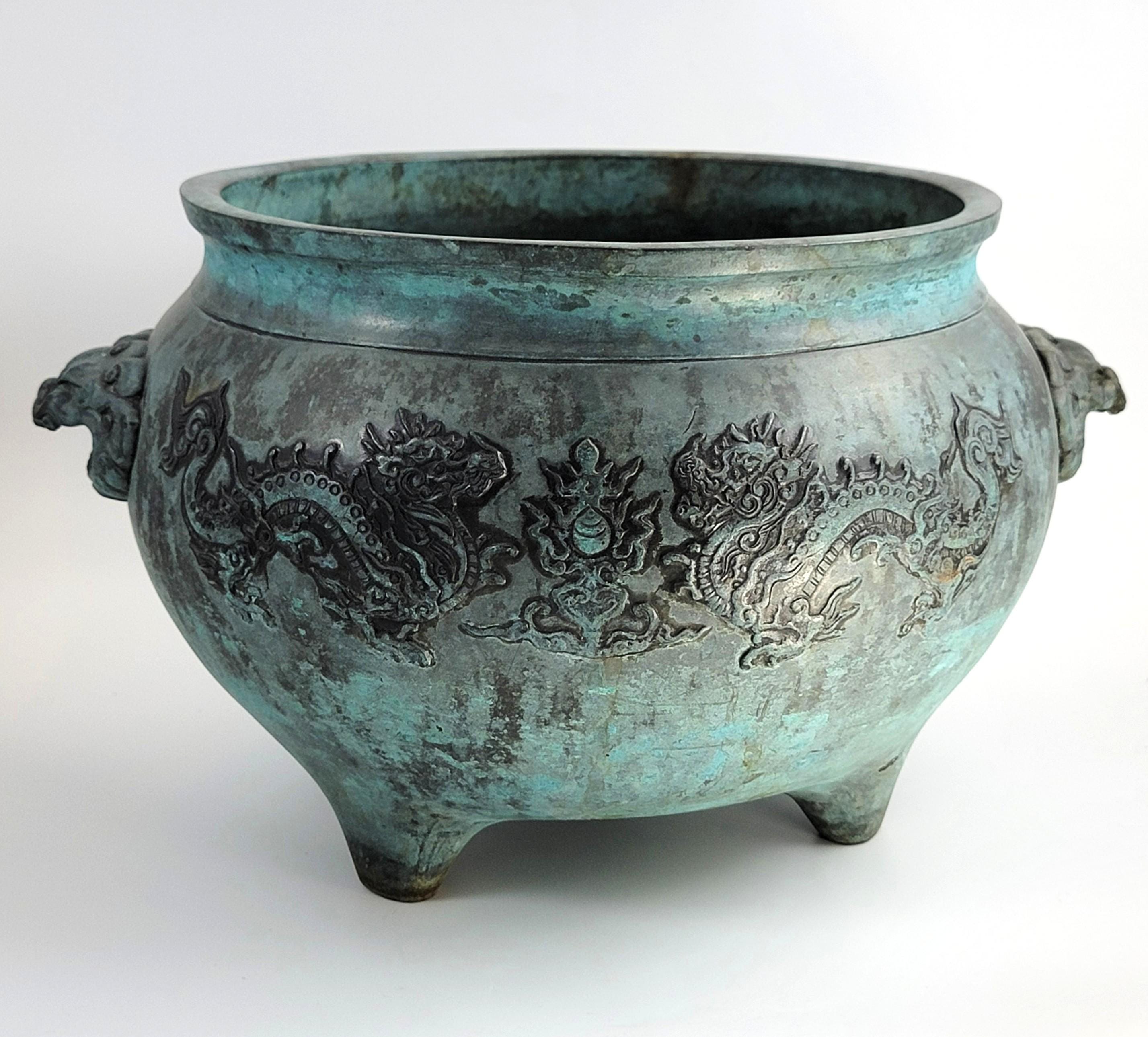 Antique Chinese Bronze Censer, Large Tripod Incense Burner, Dragon & Mask Handles, 19thC